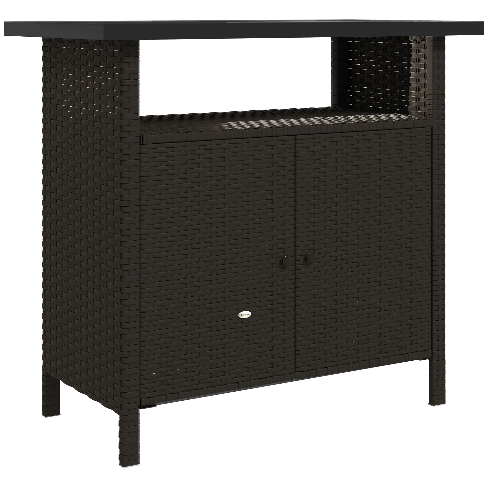 Rattan Outdoor Bar Table with Shelf and Metal Slatted Countertop, Dark Coffee - Image 12