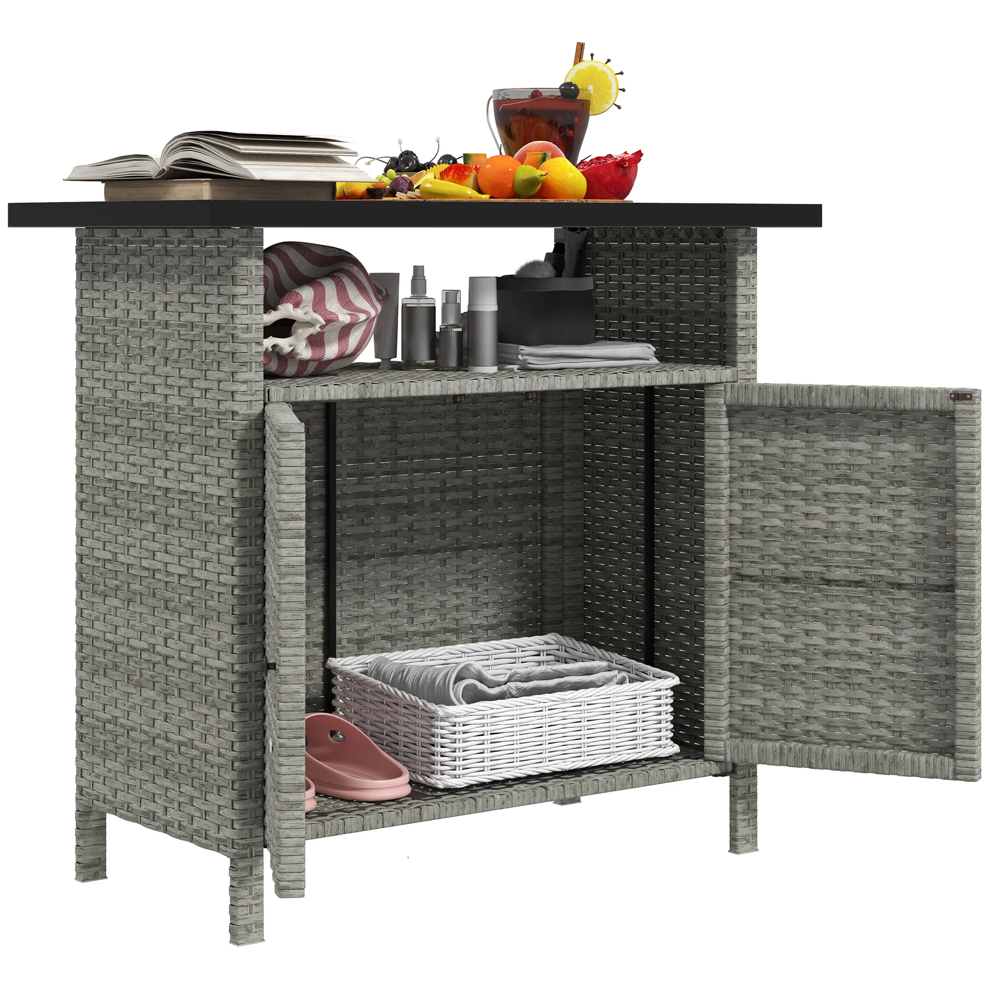Wicker Outdoor Storage Cabinet with Shelf, Garden Buffet Cabinet Sideboard, Gray