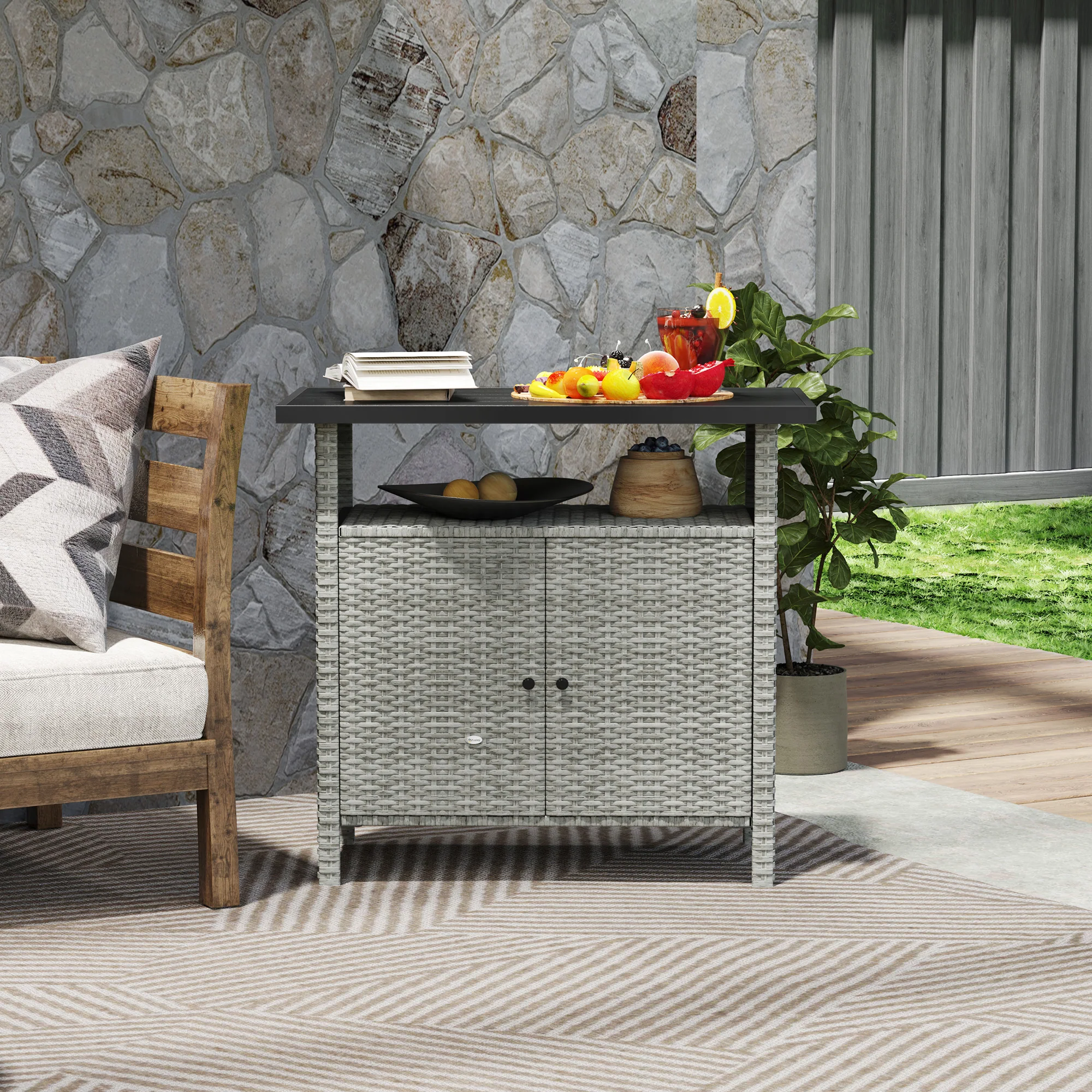 Wicker Outdoor Storage Cabinet with Shelf, Garden Buffet Cabinet Sideboard, Gray - Image 10