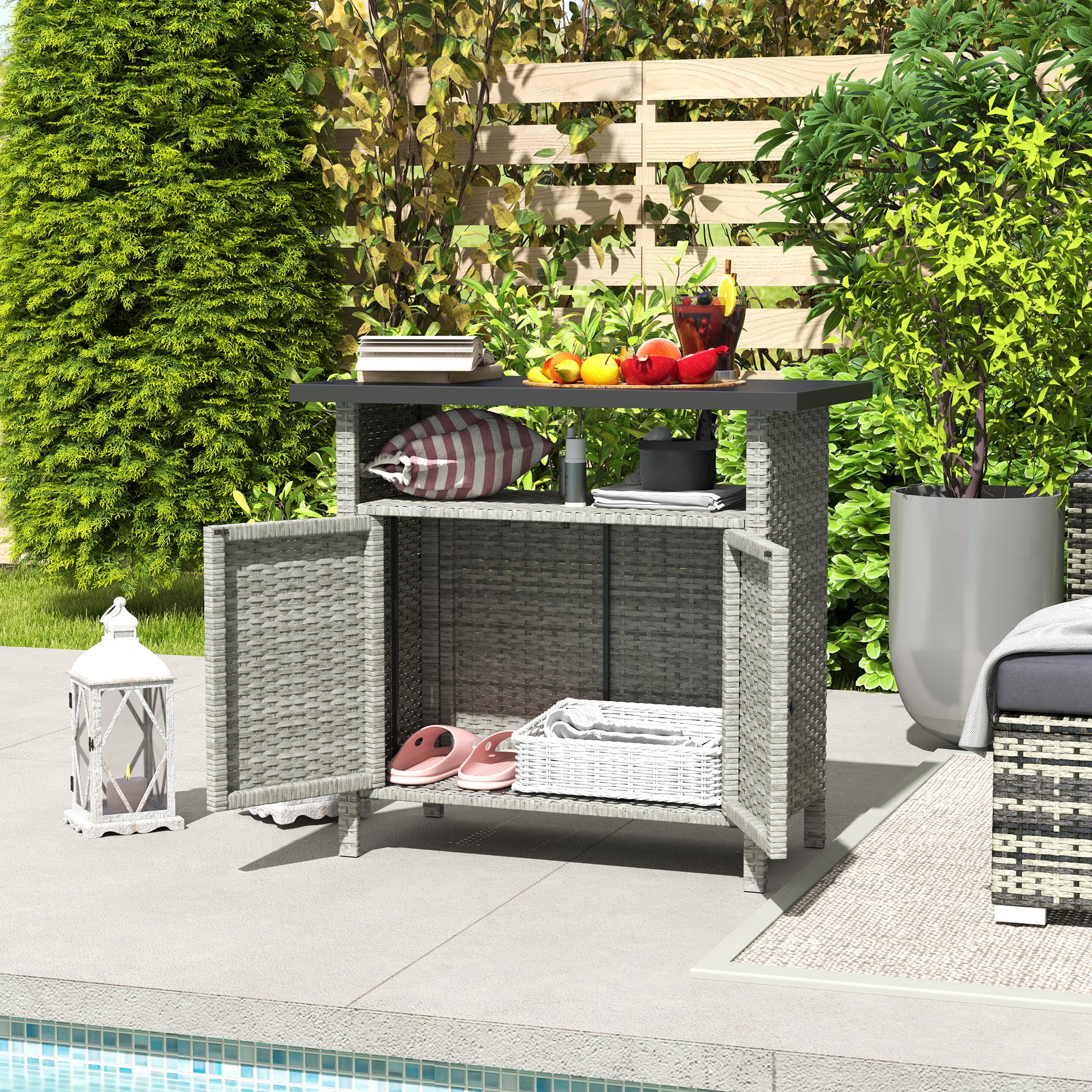 Wicker Outdoor Storage Cabinet with Shelf, Garden Buffet Cabinet Sideboard, Gray - Image 11