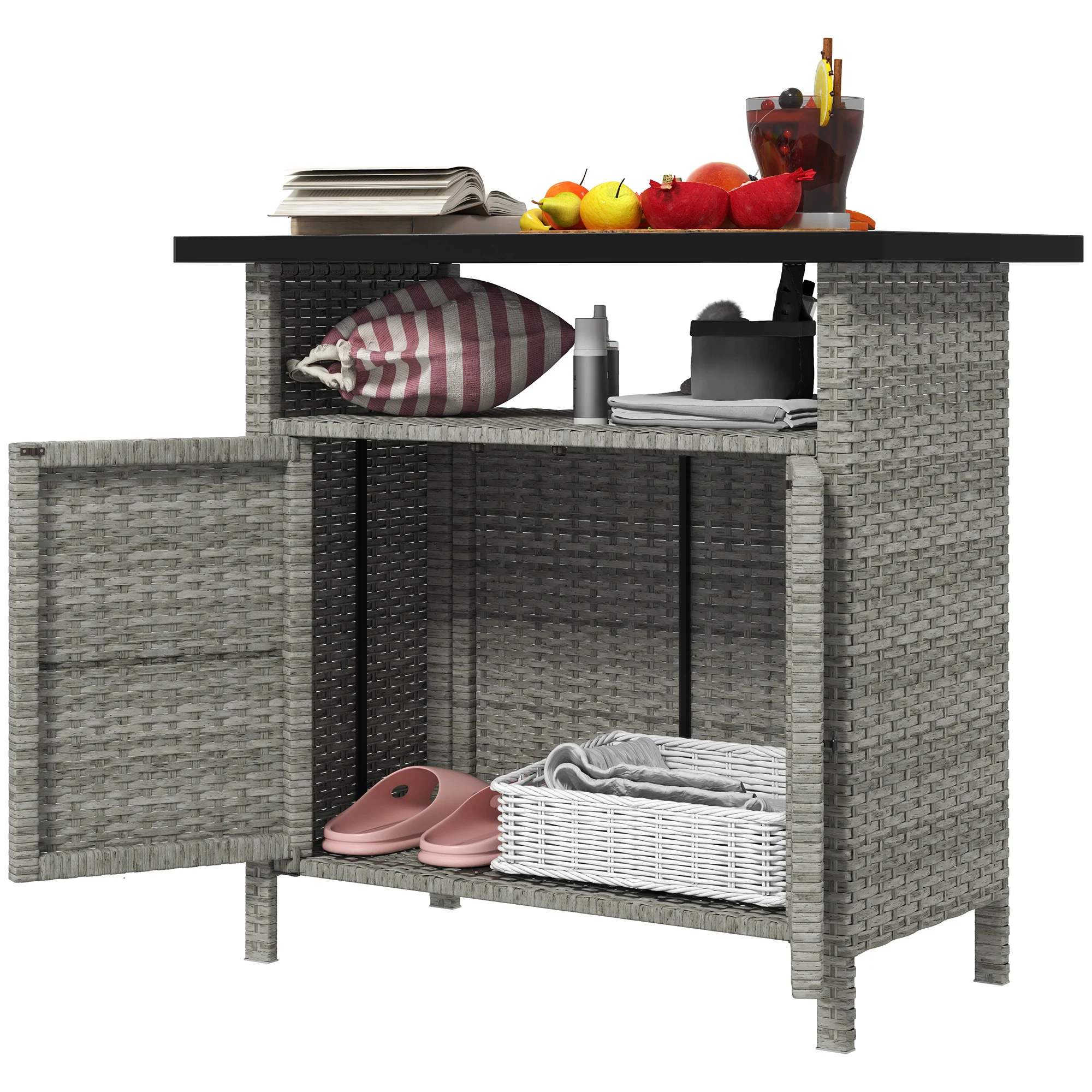 Wicker Outdoor Storage Cabinet with Shelf, Garden Buffet Cabinet Sideboard, Gray - Image 2