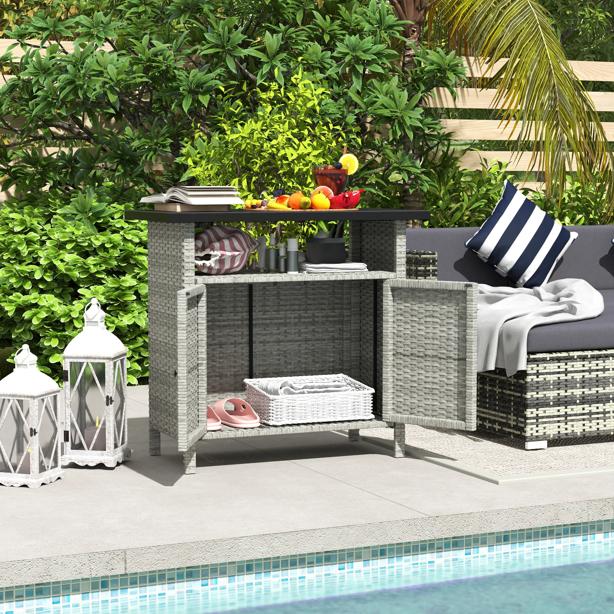 Wicker Outdoor Storage Cabinet with Shelf, Garden Buffet Cabinet Sideboard, Gray - Image 3