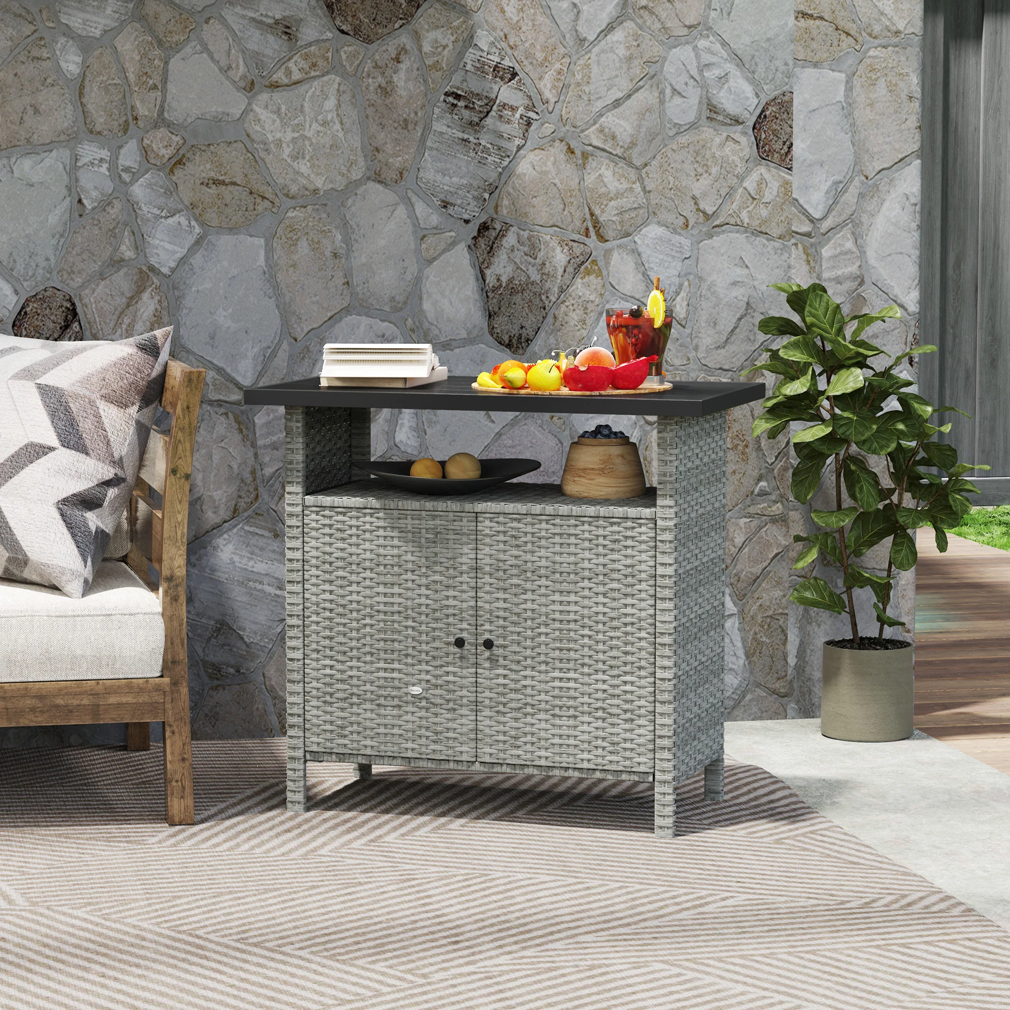 Wicker Outdoor Storage Cabinet with Shelf, Garden Buffet Cabinet Sideboard, Gray - Image 4