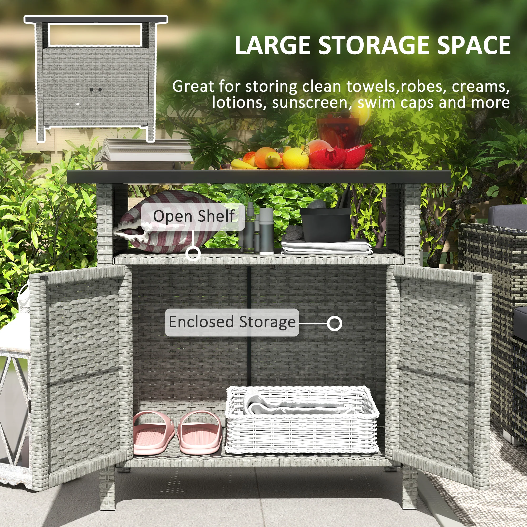 Wicker Outdoor Storage Cabinet with Shelf, Garden Buffet Cabinet Sideboard, Gray - Image 6
