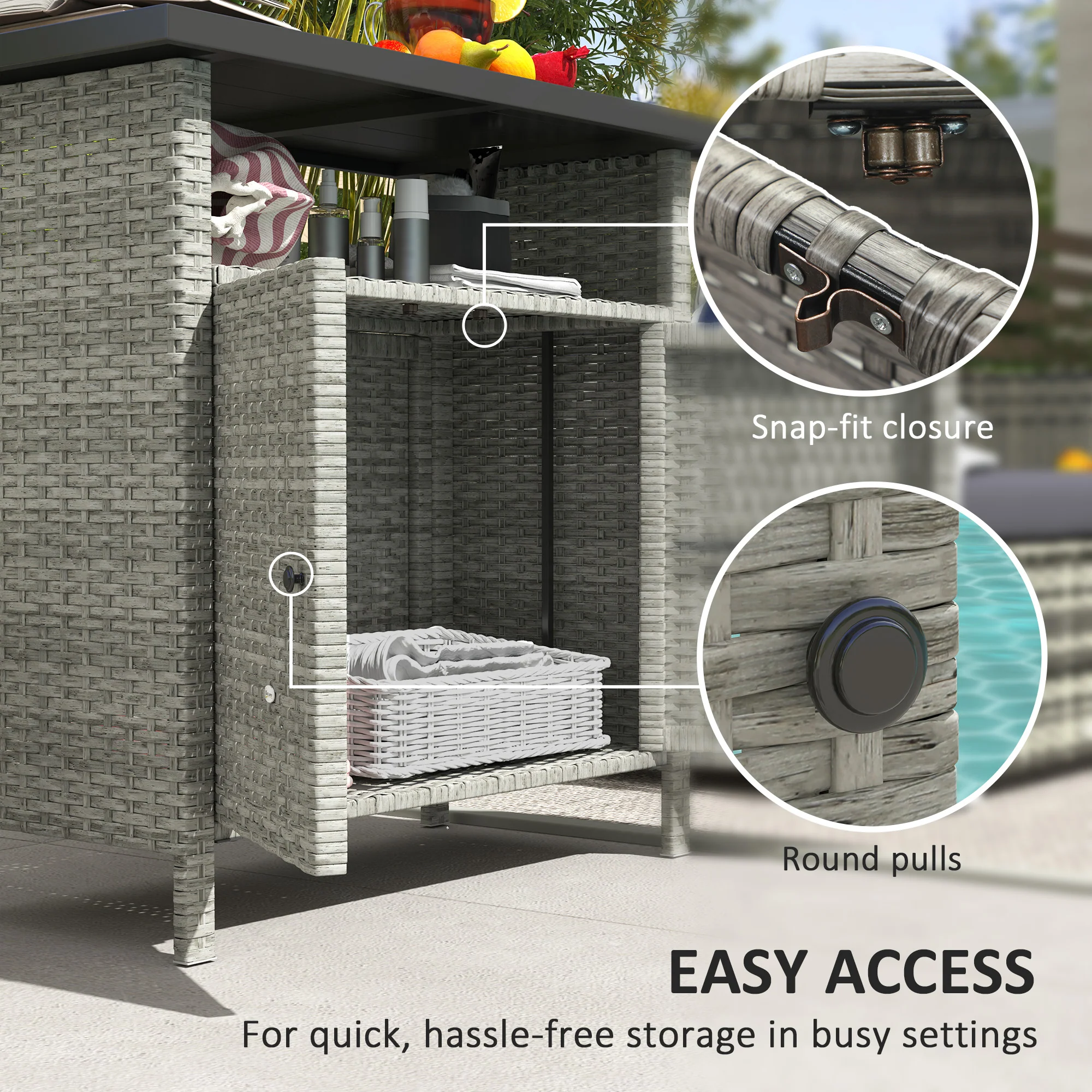 Wicker Outdoor Storage Cabinet with Shelf, Garden Buffet Cabinet Sideboard, Gray - Image 8