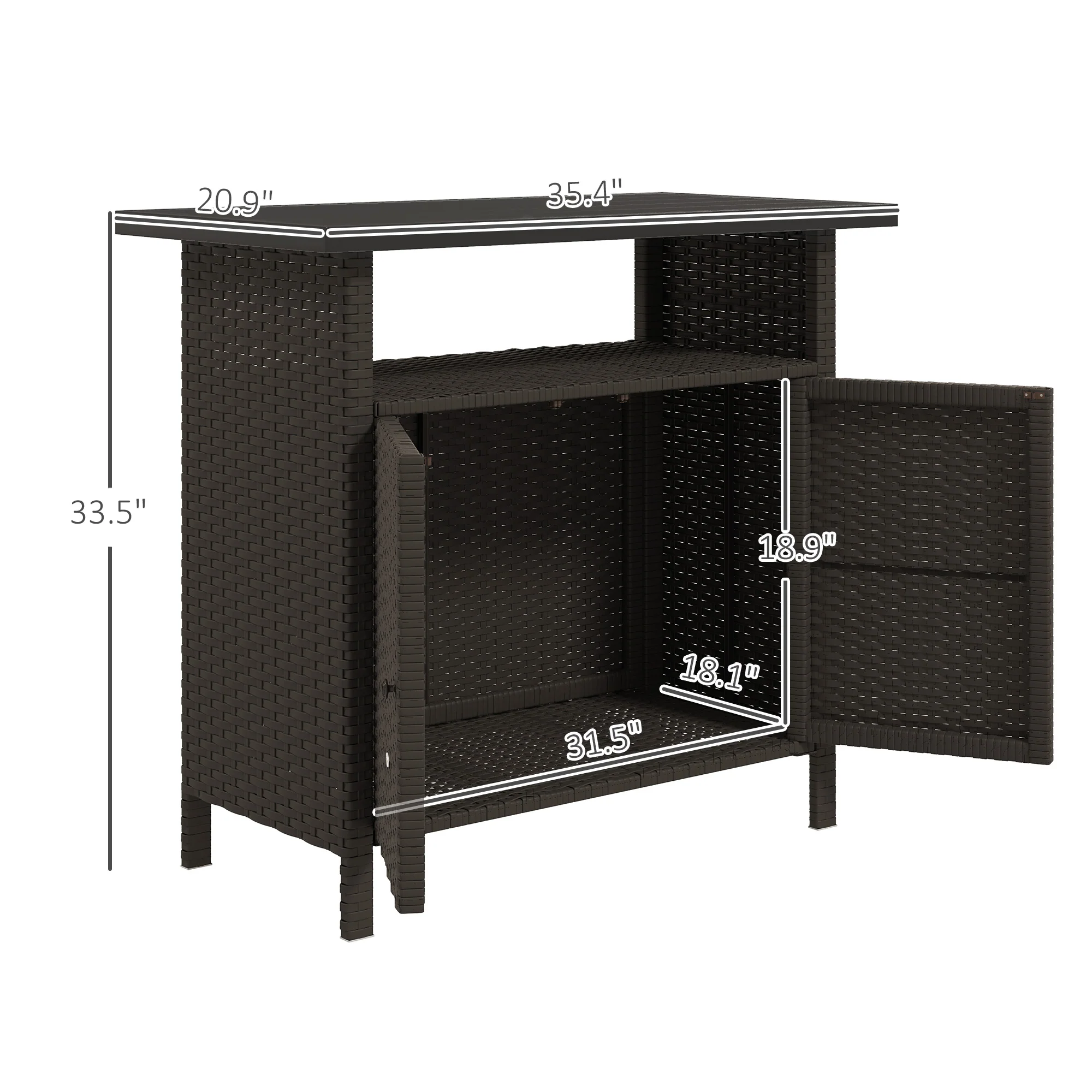 Rattan Outdoor Bar Table with Shelf and Metal Slatted Countertop, Dark Coffee - Image 5