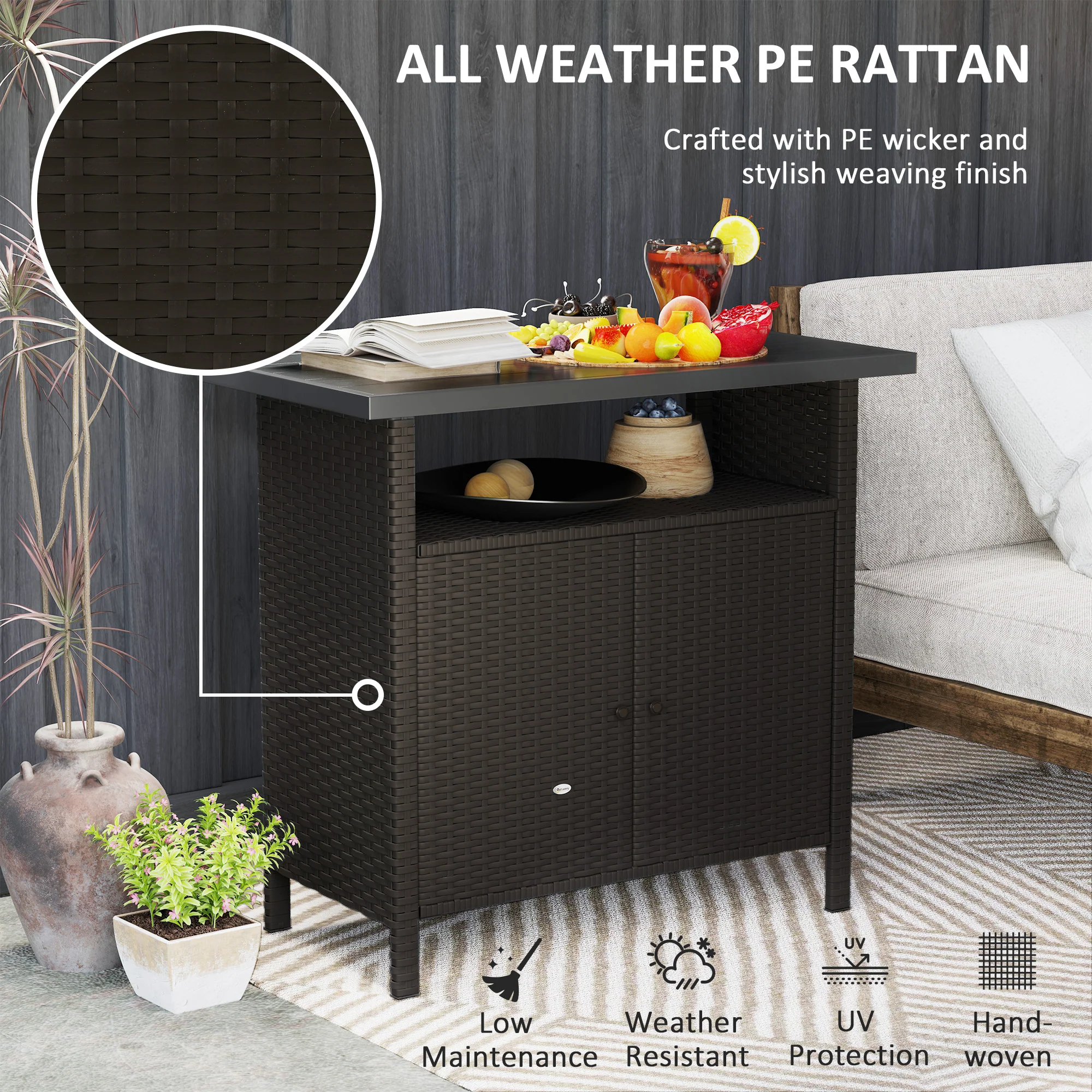 Rattan Outdoor Bar Table with Shelf and Metal Slatted Countertop, Dark Coffee - Image 7