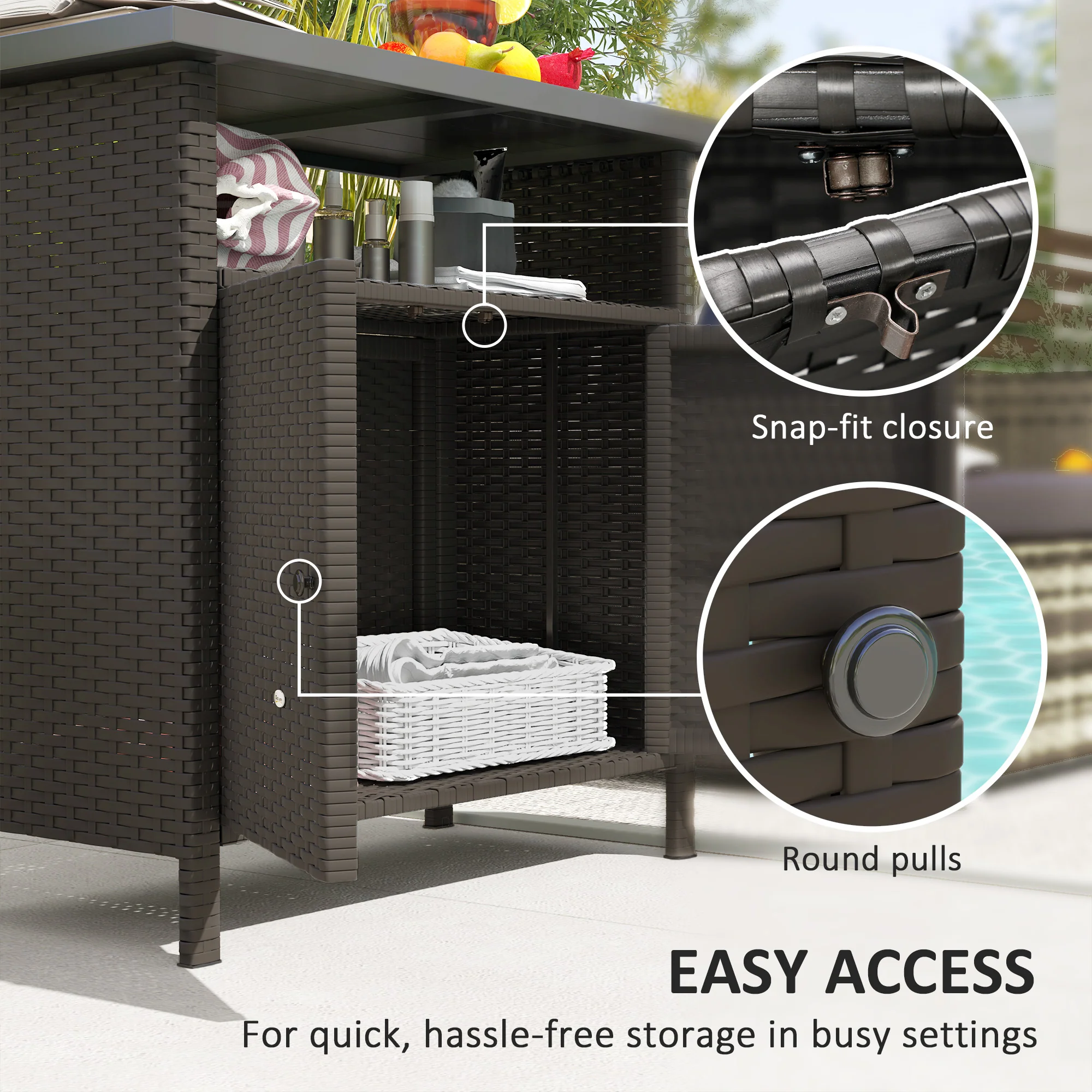 Rattan Outdoor Bar Table with Shelf and Metal Slatted Countertop, Dark Coffee - Image 8