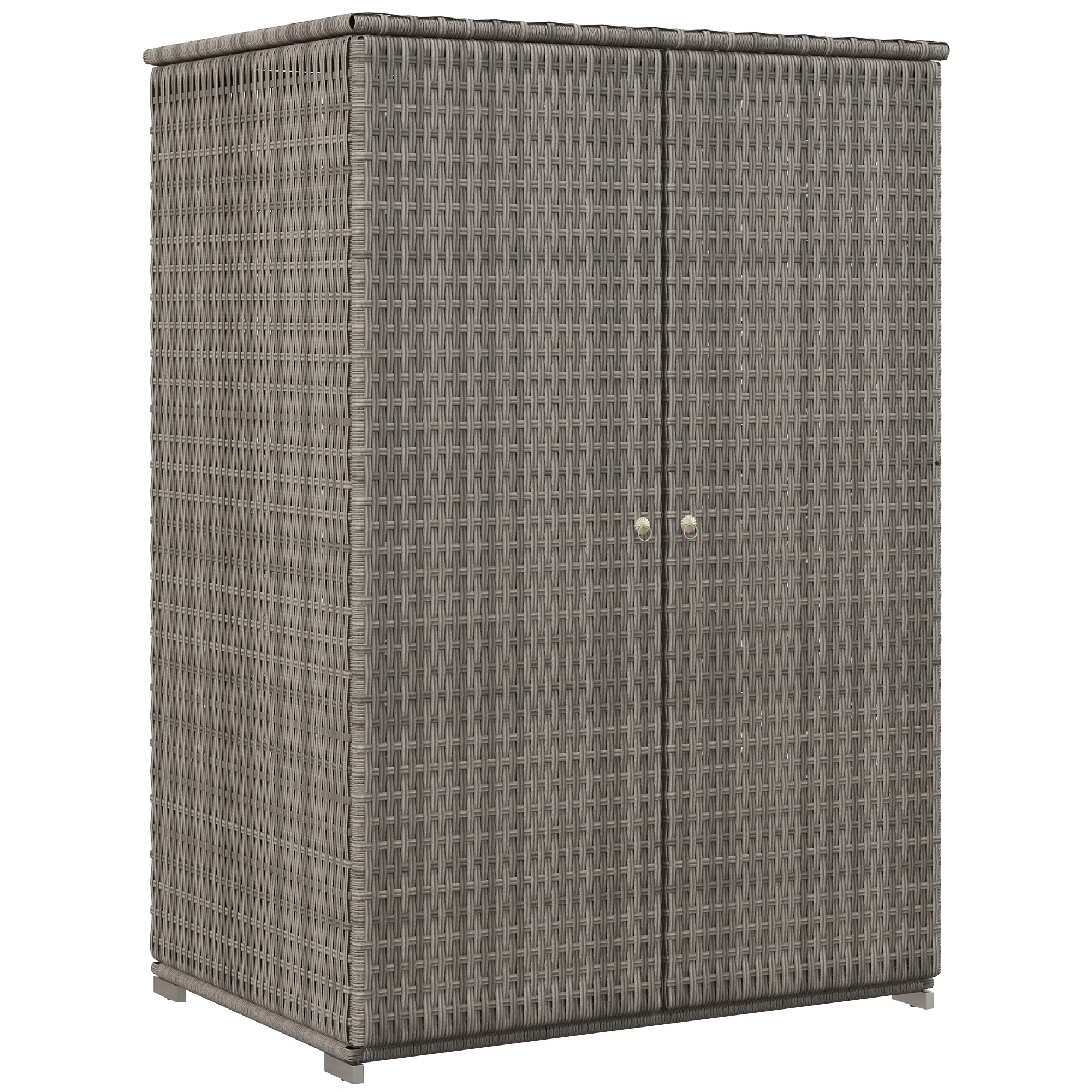 Outdoor Wicker Storage Cabinet with Shelves, 2-Door, for Garden, Backyard, Porch, Dark Gray