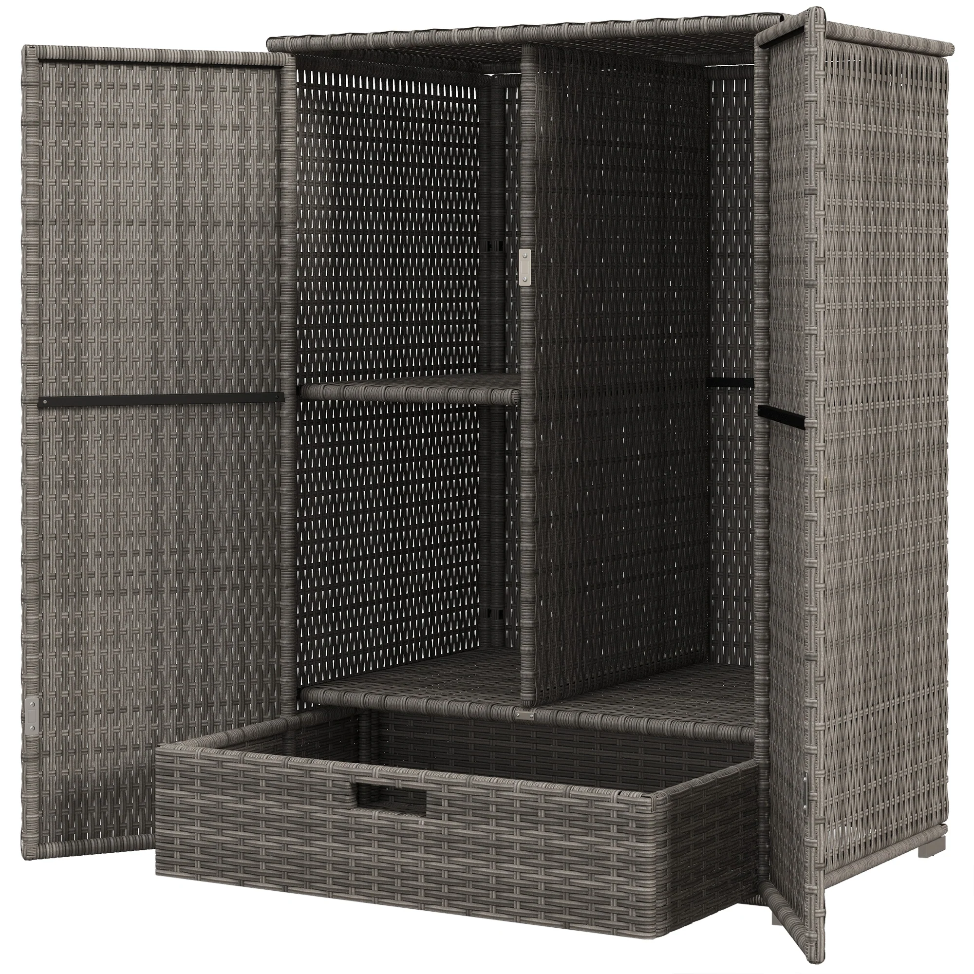 Outdoor Wicker Storage Cabinet with Shelves, 2-Door, for Garden, Backyard, Porch, Dark Gray - Image 2