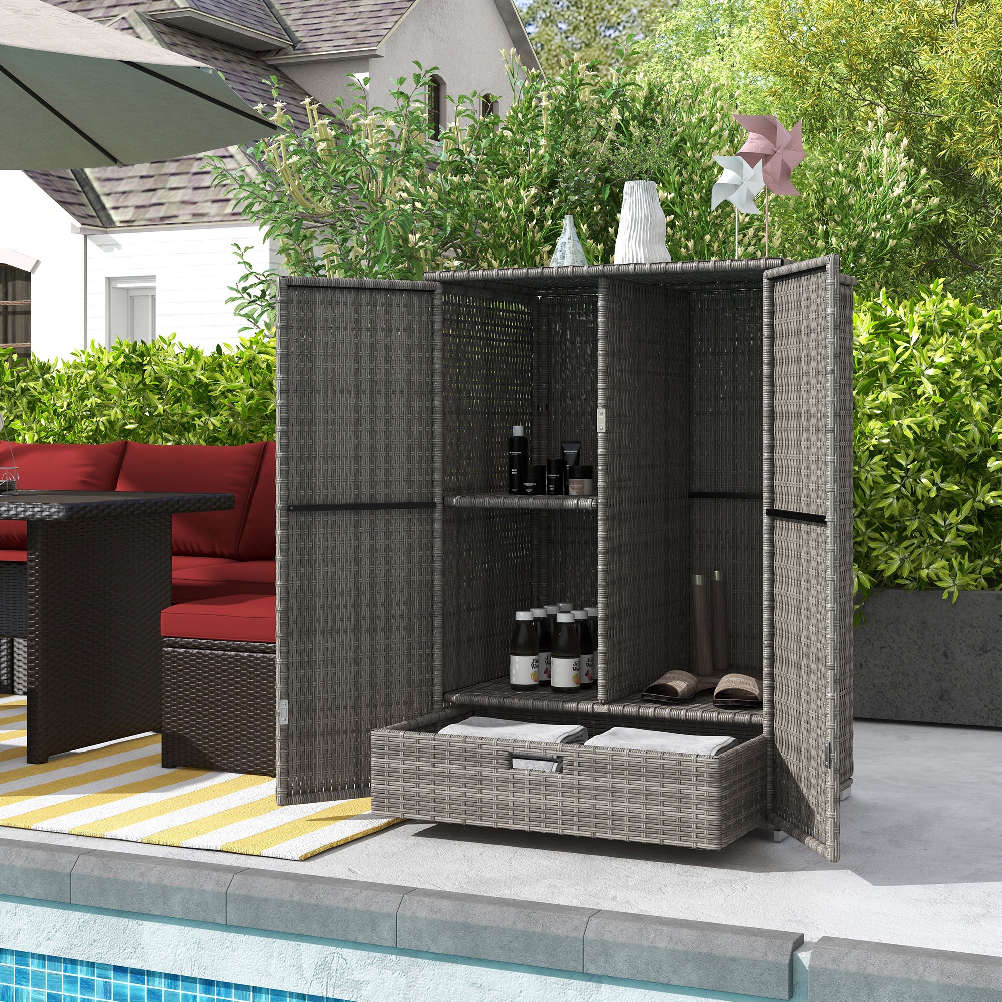 Outdoor Wicker Storage Cabinet with Shelves, 2-Door, for Garden, Backyard, Porch, Dark Gray - Image 3