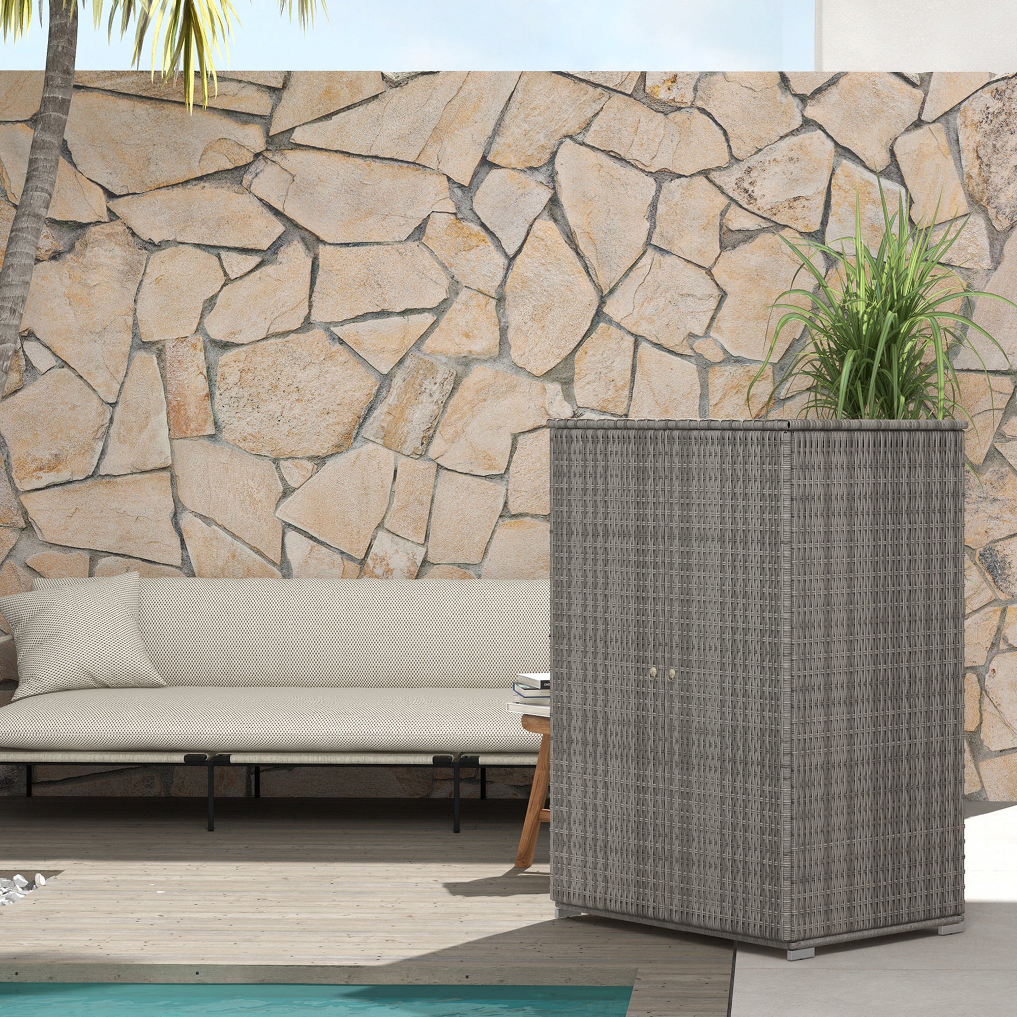 Outdoor Wicker Storage Cabinet with Shelves, 2-Door, for Garden, Backyard, Porch, Dark Gray - Image 4