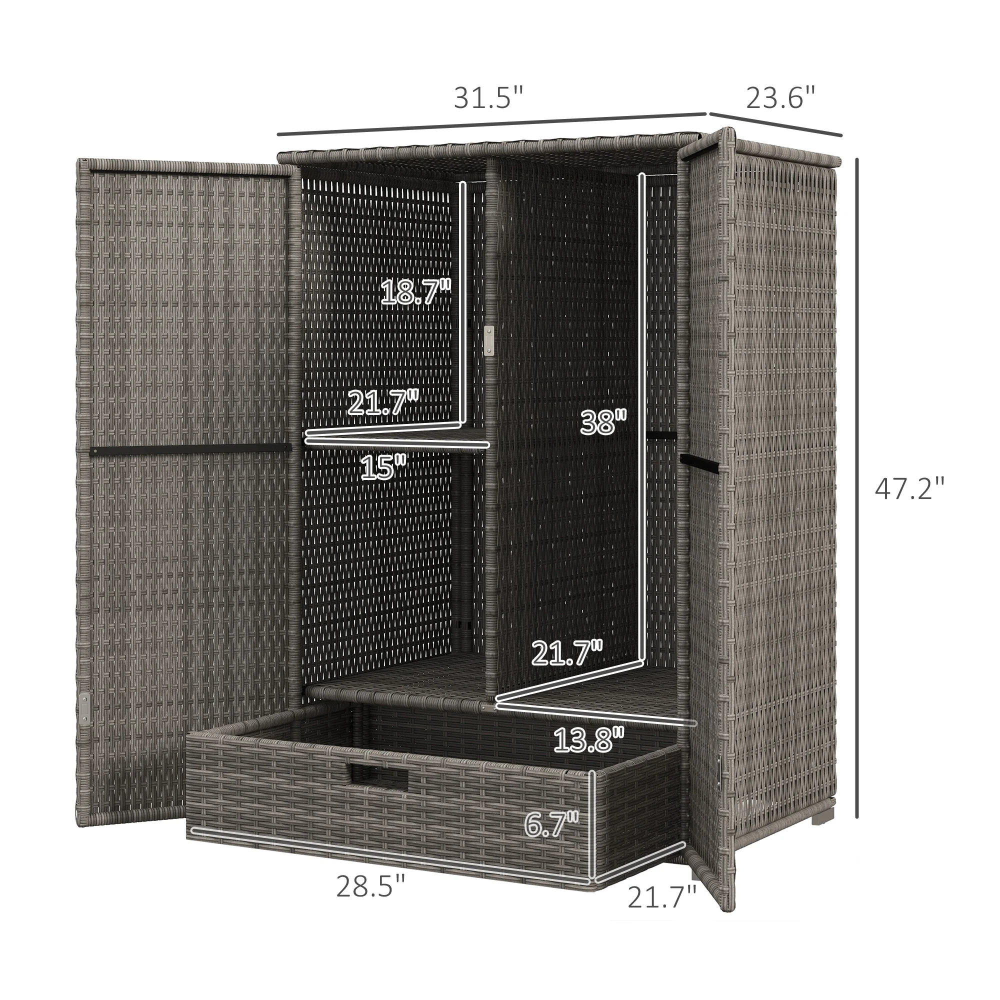 Outdoor Wicker Storage Cabinet with Shelves, 2-Door, for Garden, Backyard, Porch, Dark Gray - Image 5