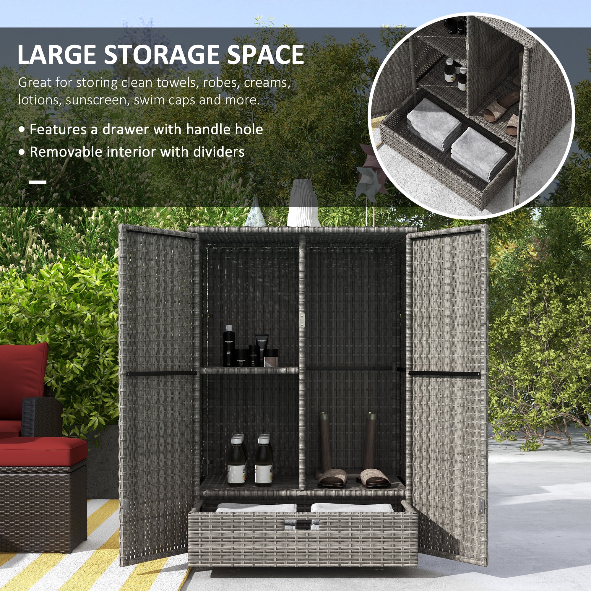 Outdoor Wicker Storage Cabinet with Shelves, 2-Door, for Garden, Backyard, Porch, Dark Gray - Image 6