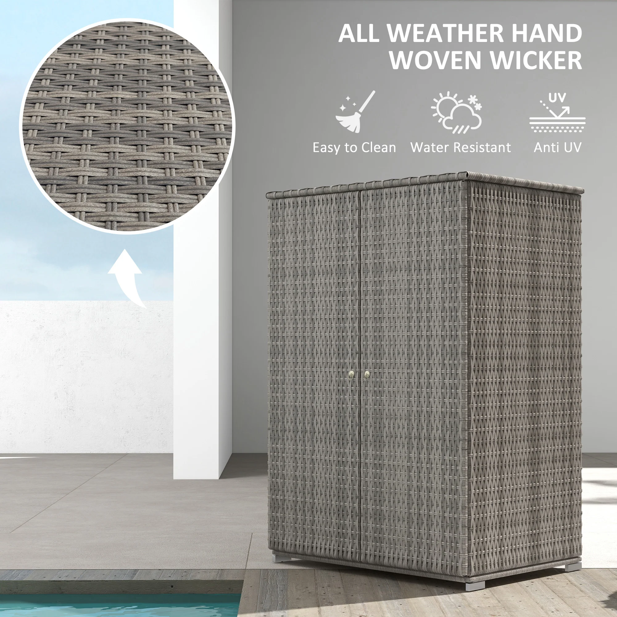 Outdoor Wicker Storage Cabinet with Shelves, 2-Door, for Garden, Backyard, Porch, Dark Gray - Image 7