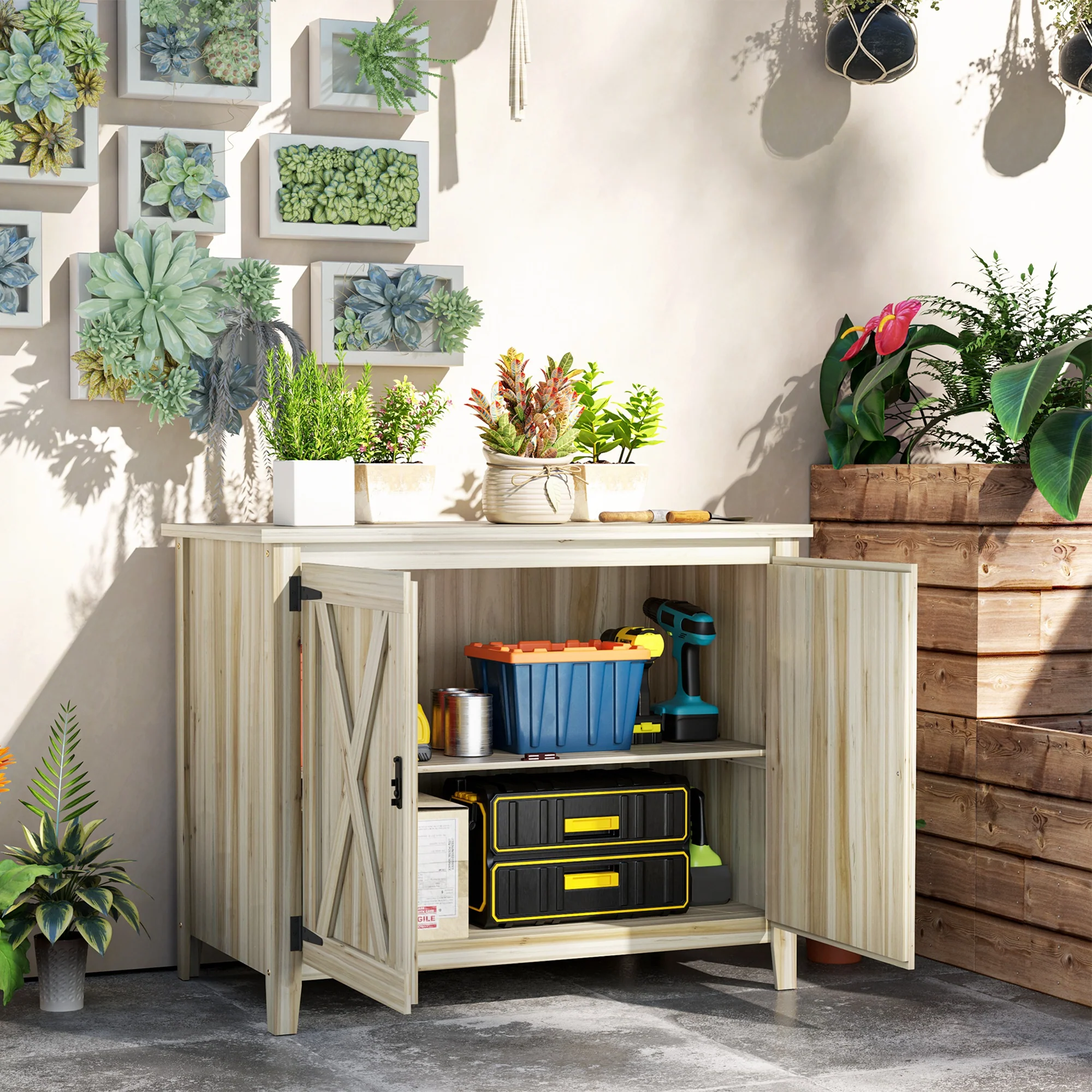 Wooden Storage Cabinet with Shelf & Double Doors for Backyard, Patio, Natural Wood - Image 3
