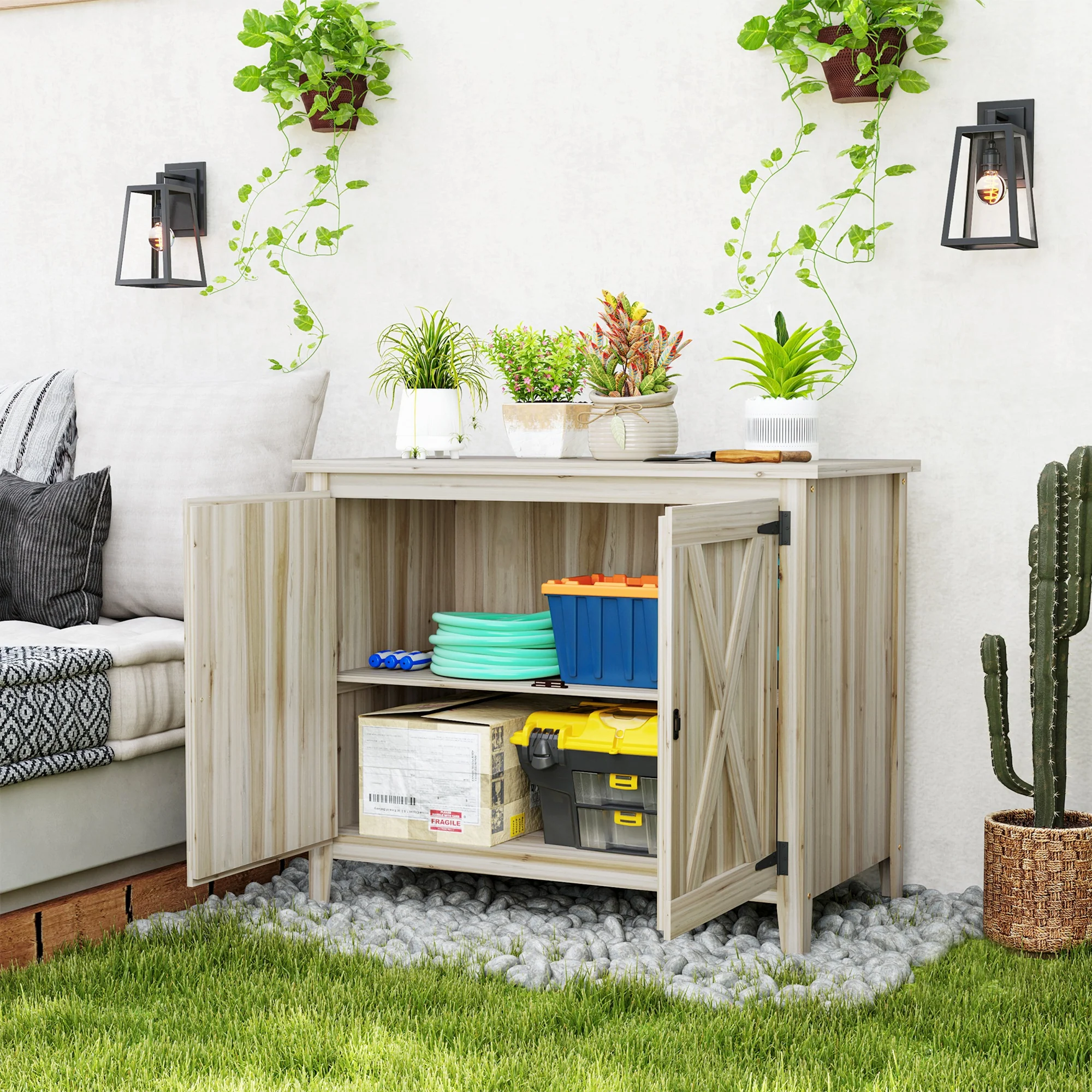 Wooden Storage Cabinet with Shelf & Double Doors for Backyard, Patio, Natural Wood - Image 4