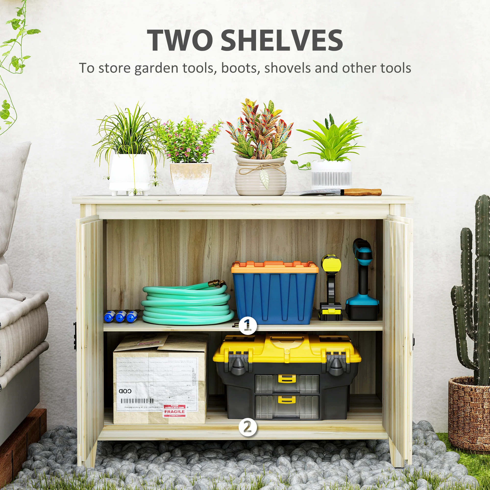 Wooden Storage Cabinet with Shelf & Double Doors for Backyard, Patio, Natural Wood - Image 6
