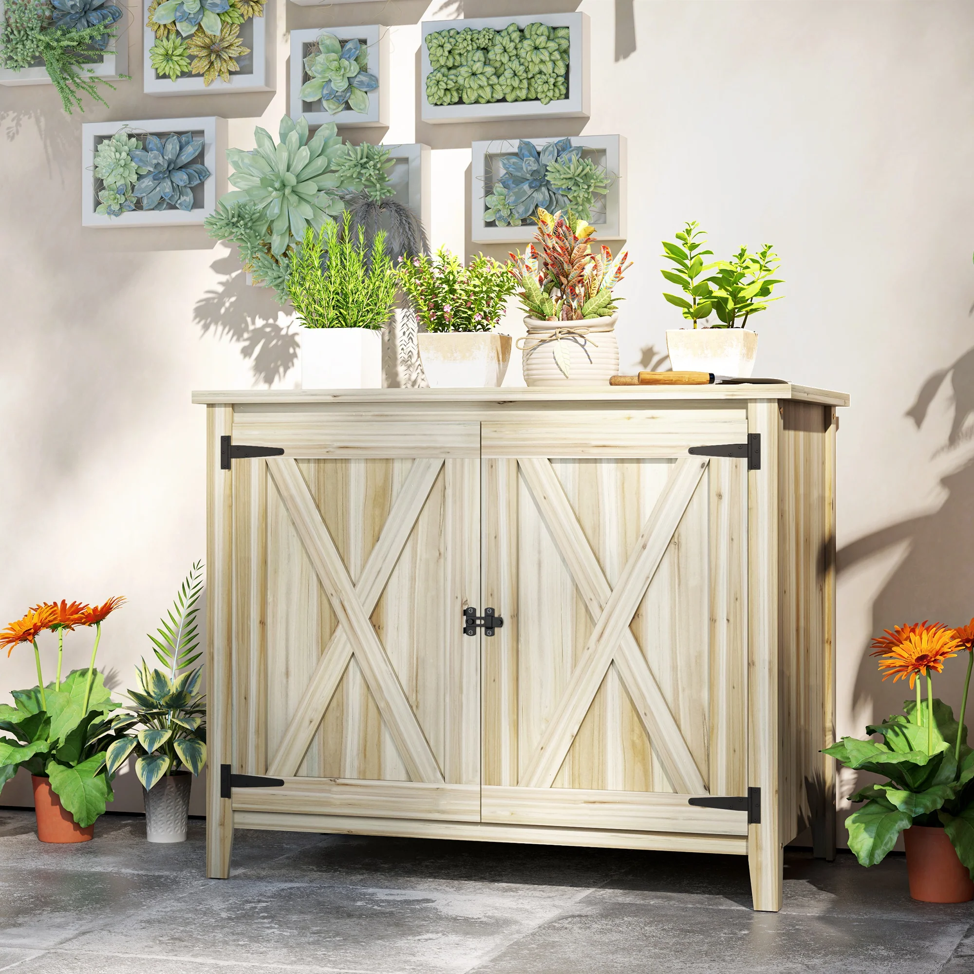Wooden Storage Cabinet with Shelf & Double Doors for Backyard, Patio, Natural Wood - Image 8
