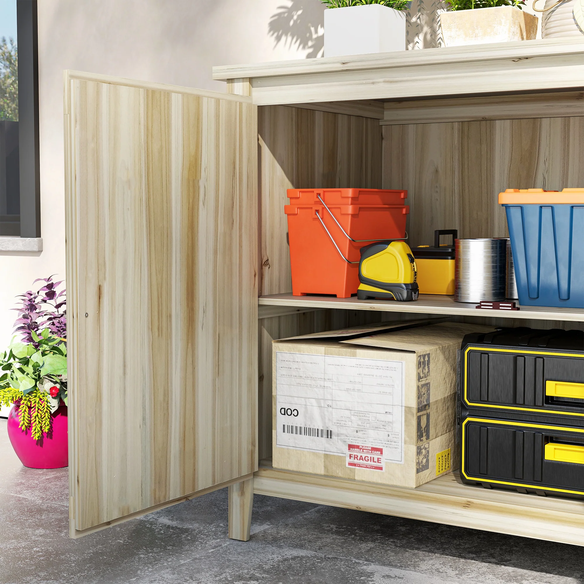 Wooden Storage Cabinet with Shelf & Double Doors for Backyard, Patio, Natural Wood - Image 9