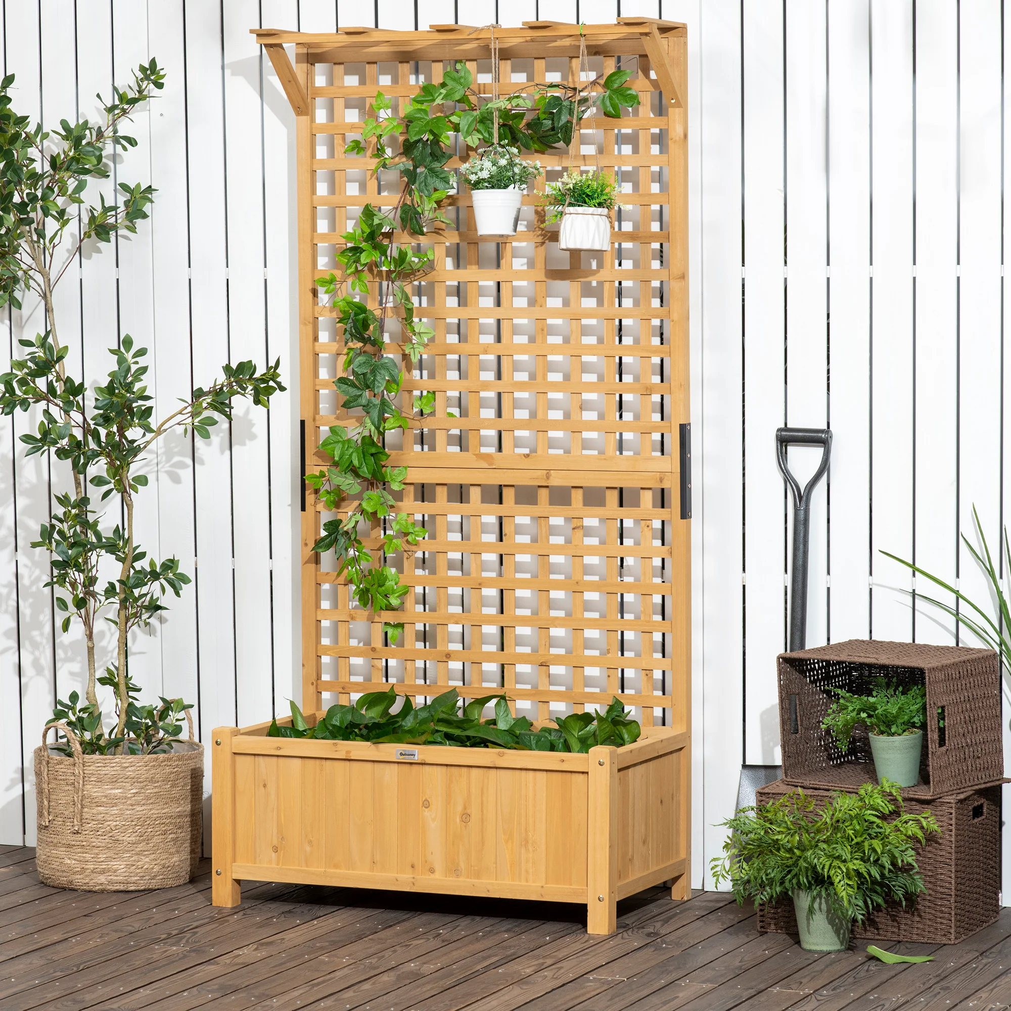 Wood Planter with Trellis, Raised Garden Bed for Climbing Plants w/ Drainage Holes and Roof, 35.5" x 17.75" x 72", Yellow - Image 11
