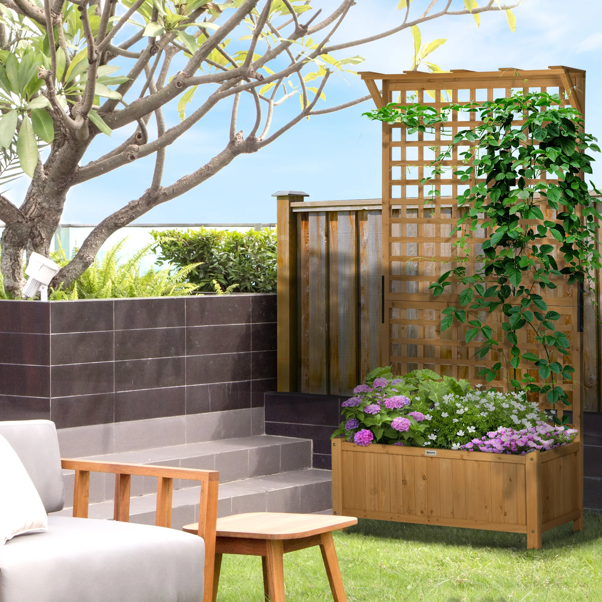 Wood Planter with Trellis, Raised Garden Bed for Climbing Plants w/ Drainage Holes and Roof, 35.5" x 17.75" x 72", Yellow - Image 4