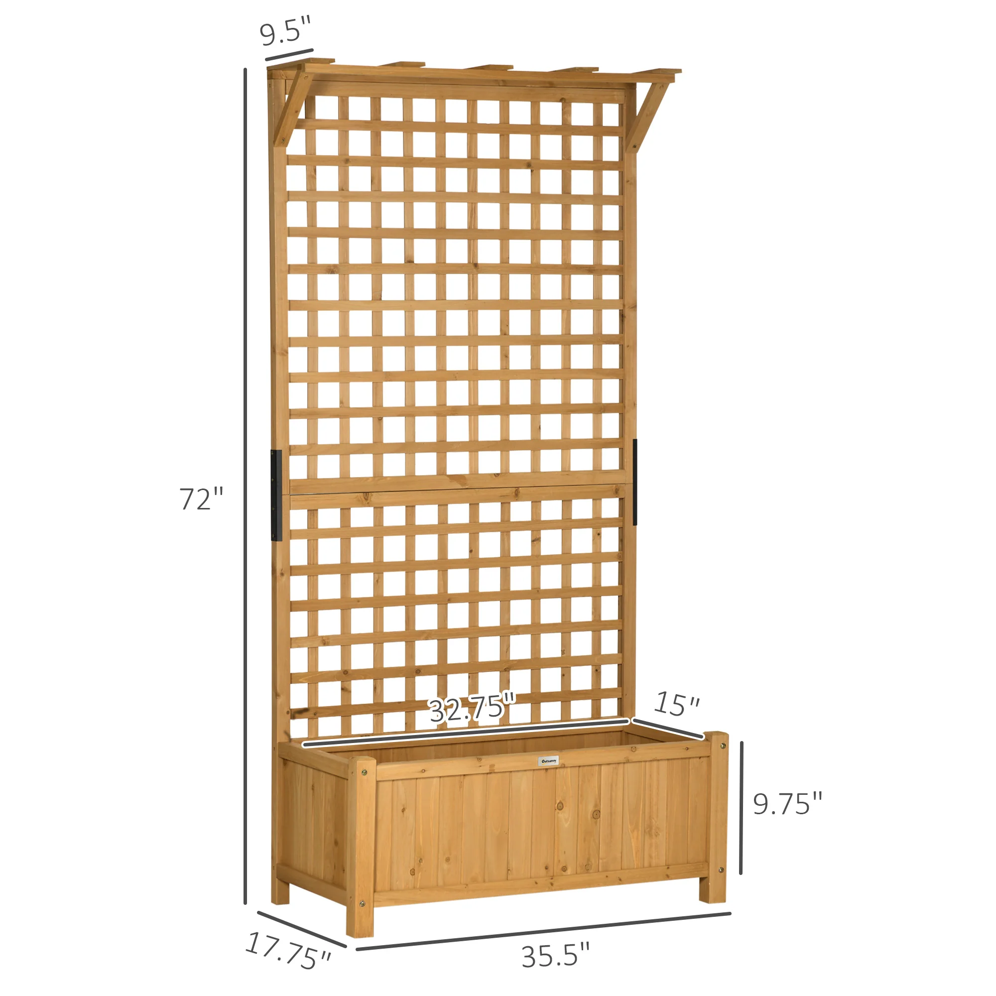 Wood Planter with Trellis, Raised Garden Bed for Climbing Plants w/ Drainage Holes and Roof, 35.5" x 17.75" x 72", Yellow - Image 5