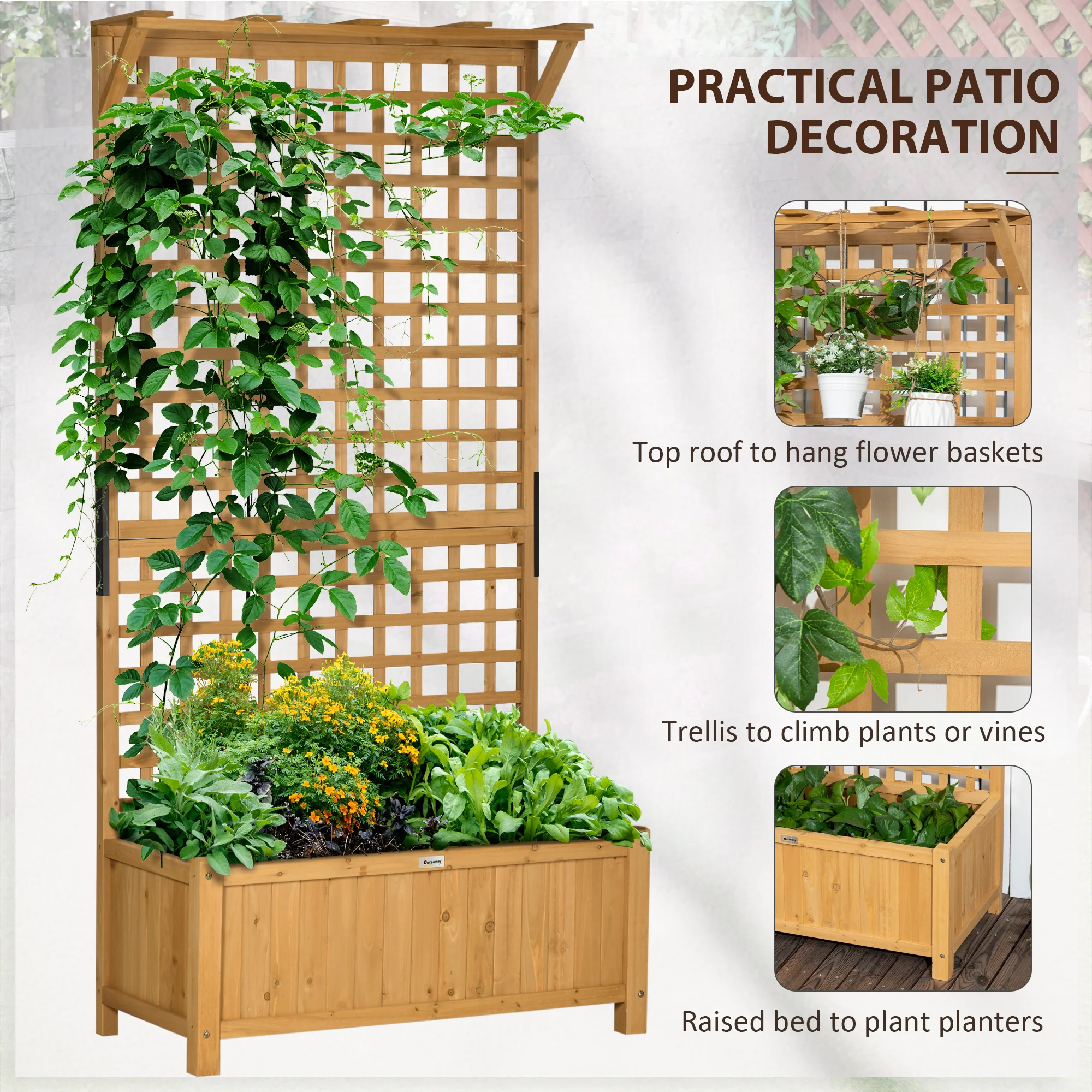 Wood Planter with Trellis, Raised Garden Bed for Climbing Plants w/ Drainage Holes and Roof, 35.5" x 17.75" x 72", Yellow - Image 6
