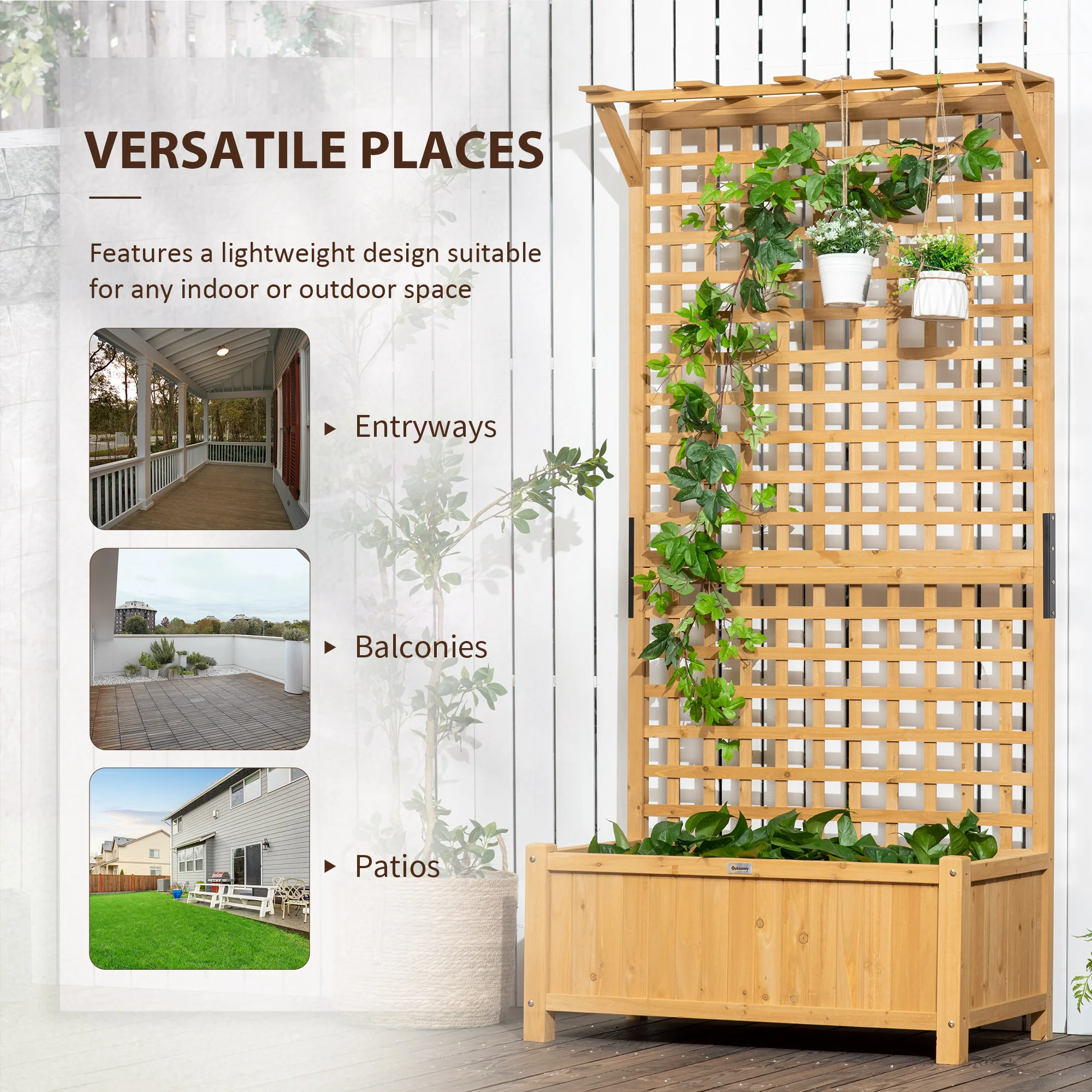 Wood Planter with Trellis, Raised Garden Bed for Climbing Plants w/ Drainage Holes and Roof, 35.5" x 17.75" x 72", Yellow - Image 8