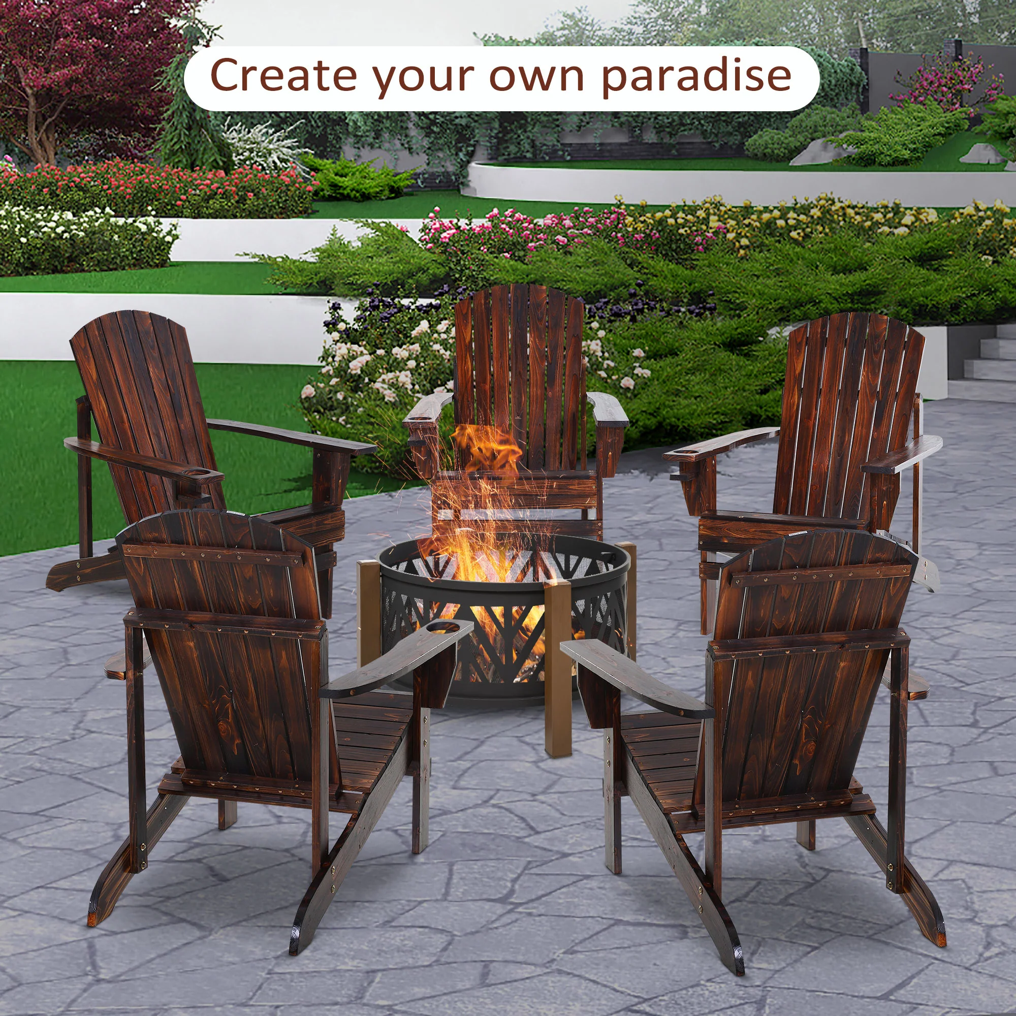 Wooden Adirondack Chair with Cup Holder, Oversized Fire Pit Chair for Garden, Backyard, Brown - Image 10
