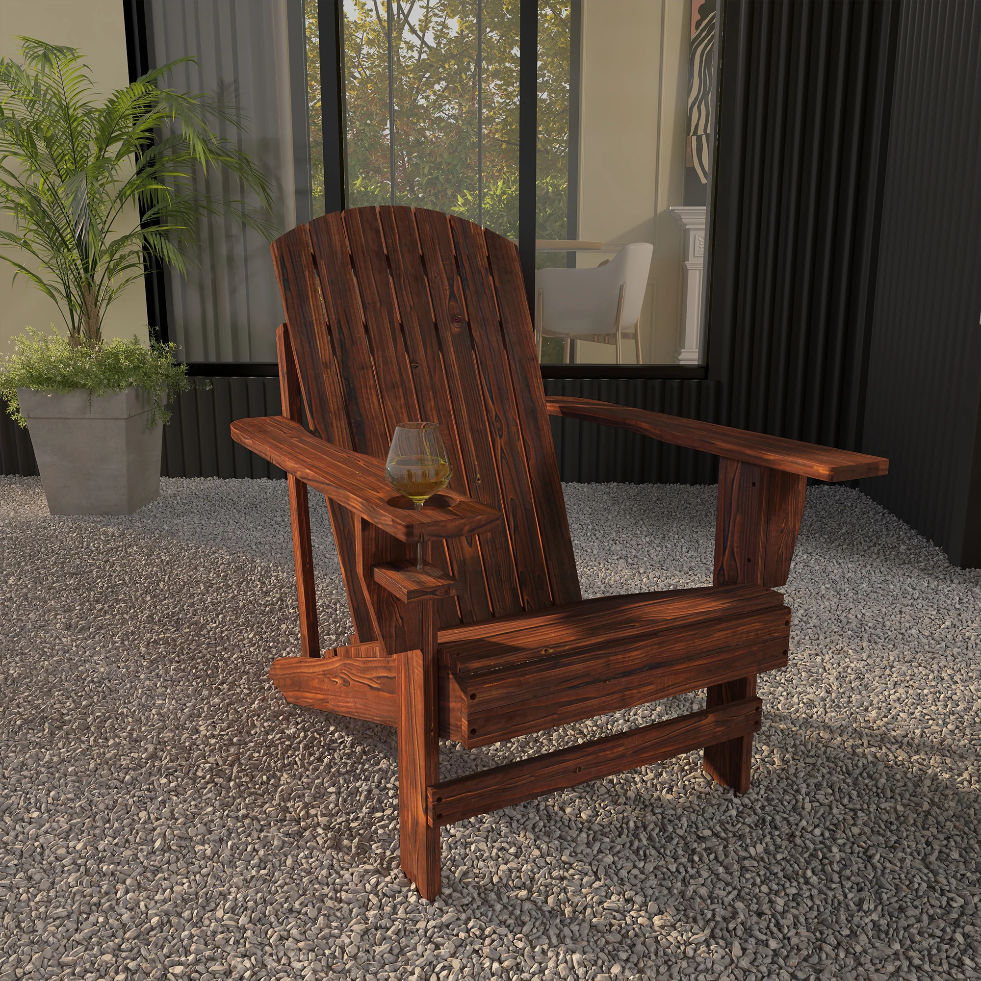 Wooden Adirondack Chair with Cup Holder, Oversized Fire Pit Chair for Garden, Backyard, Brown - Image 11