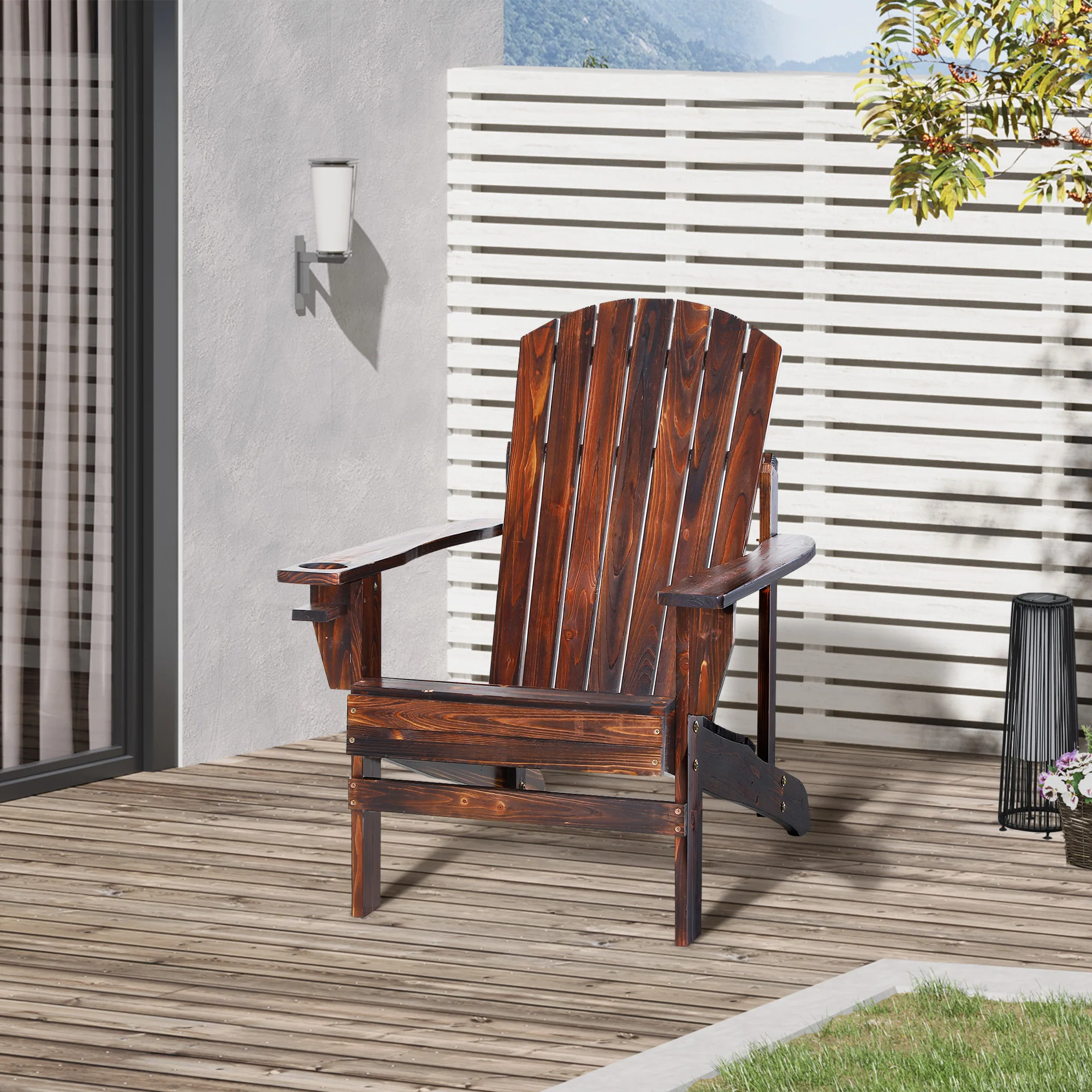 Wooden Adirondack Chair with Cup Holder, Oversized Fire Pit Chair for Garden, Backyard, Brown - Image 3