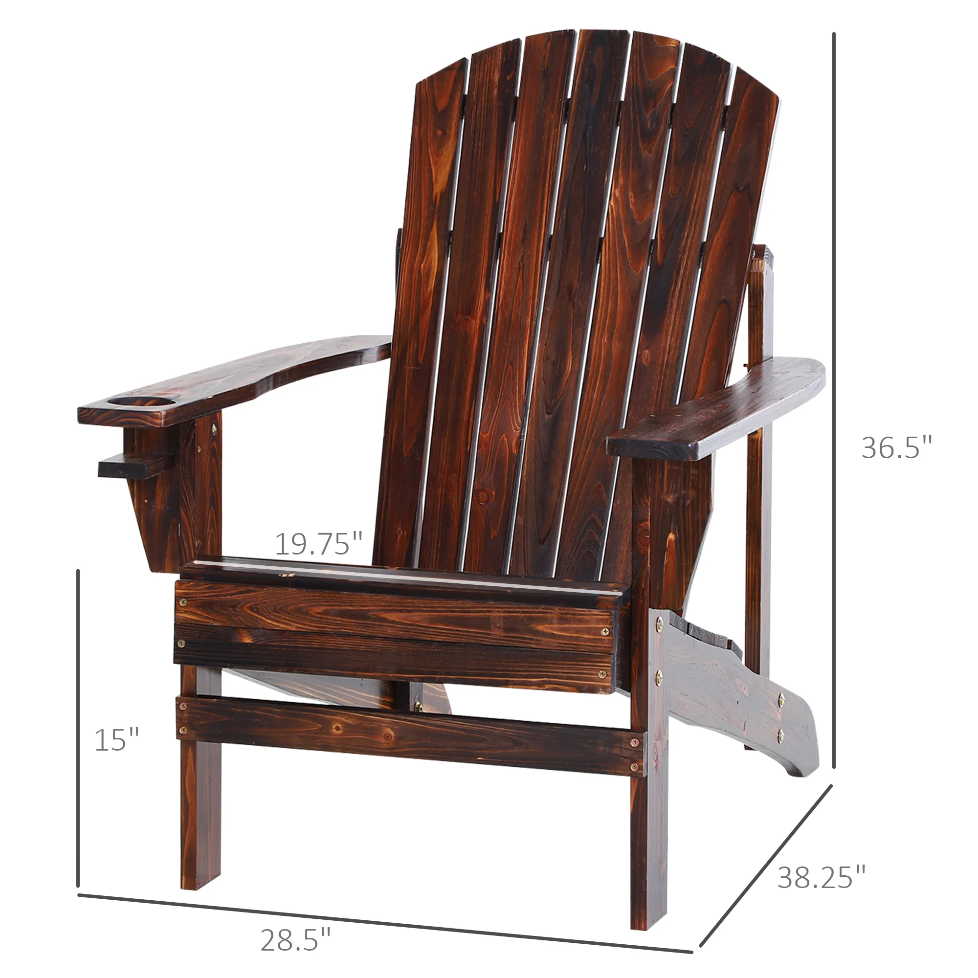 Wooden Adirondack Chair with Cup Holder, Oversized Fire Pit Chair for Garden, Backyard, Brown - Image 5
