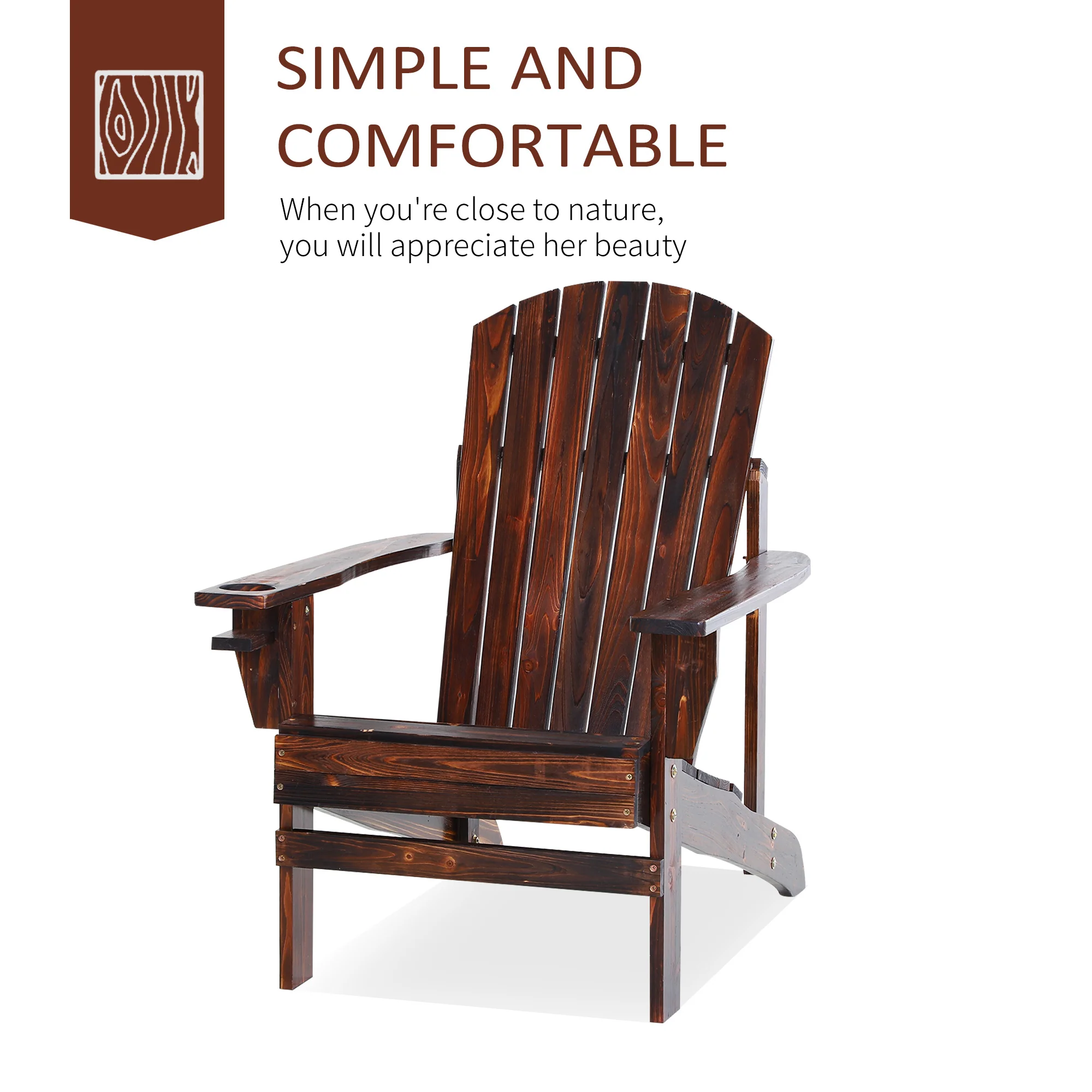 Wooden Adirondack Chair with Cup Holder, Oversized Fire Pit Chair for Garden, Backyard, Brown - Image 6