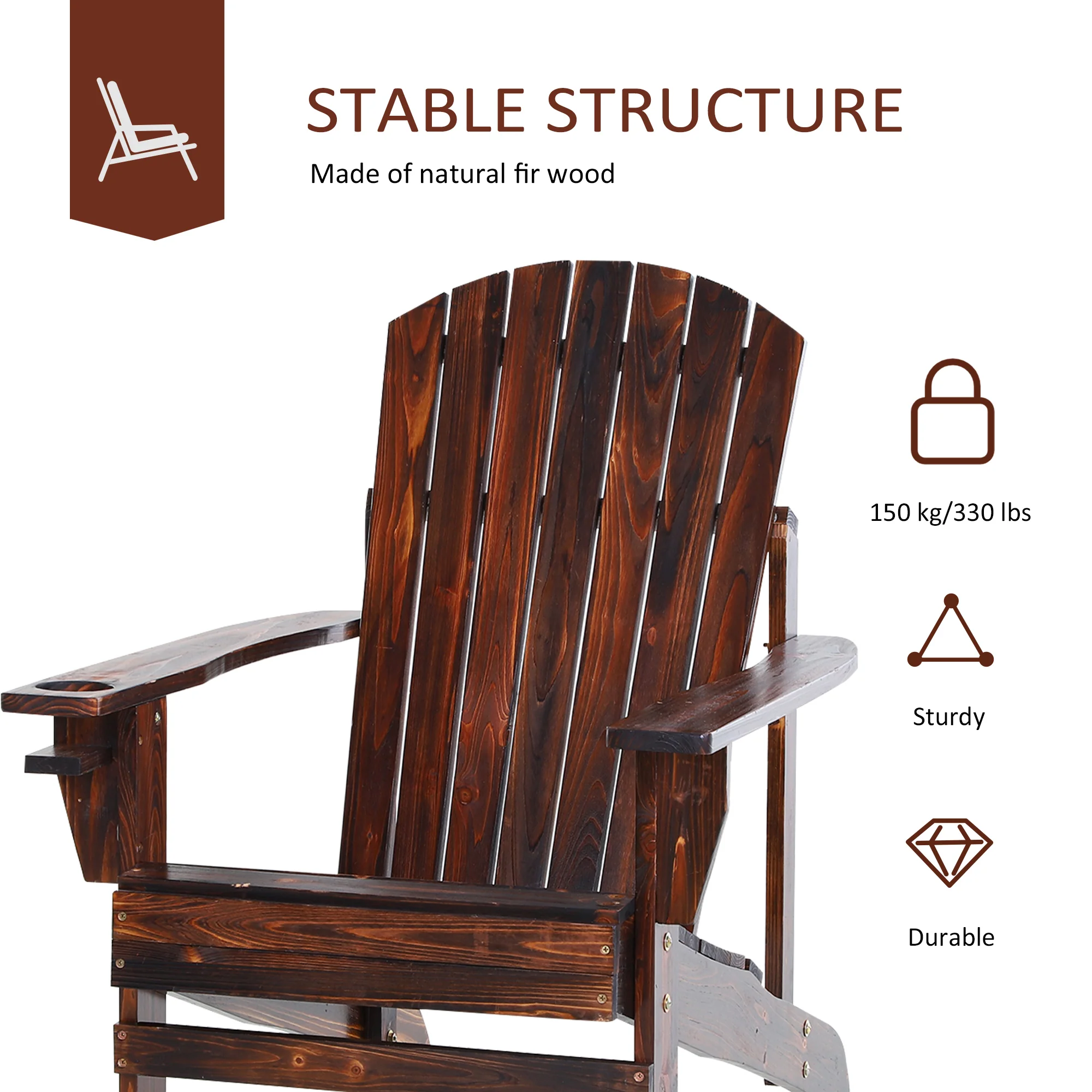 Wooden Adirondack Chair with Cup Holder, Oversized Fire Pit Chair for Garden, Backyard, Brown - Image 8