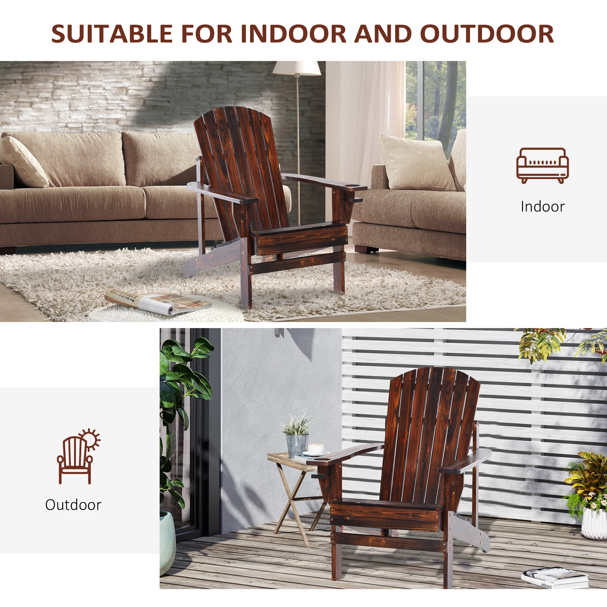 Wooden Adirondack Chair with Cup Holder, Oversized Fire Pit Chair for Garden, Backyard, Brown - Image 9