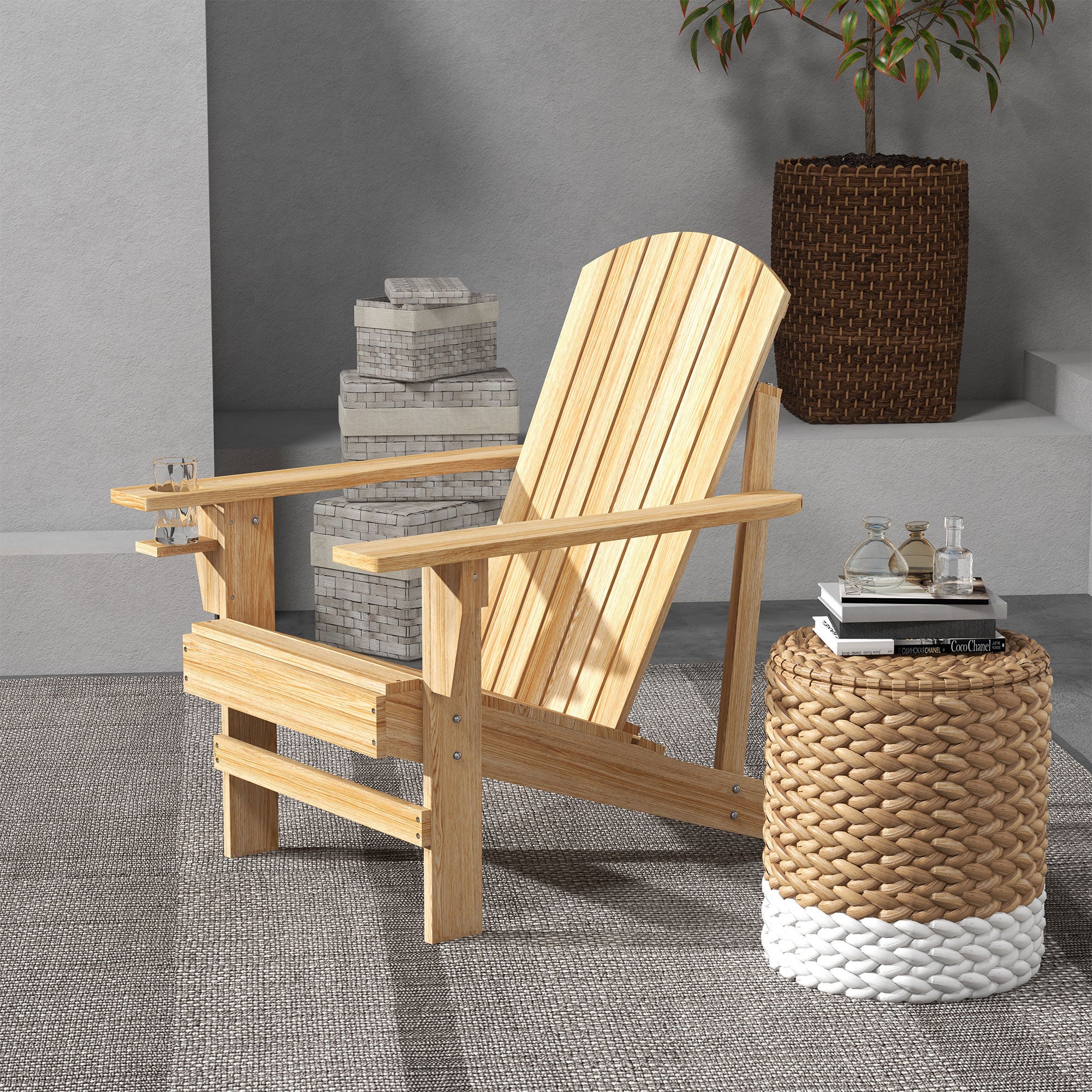 Wooden Adirondack Chair with Cup Holder, Oversized Fire Pit Chair for Garden, Backyard, Natural Wood - Image 3