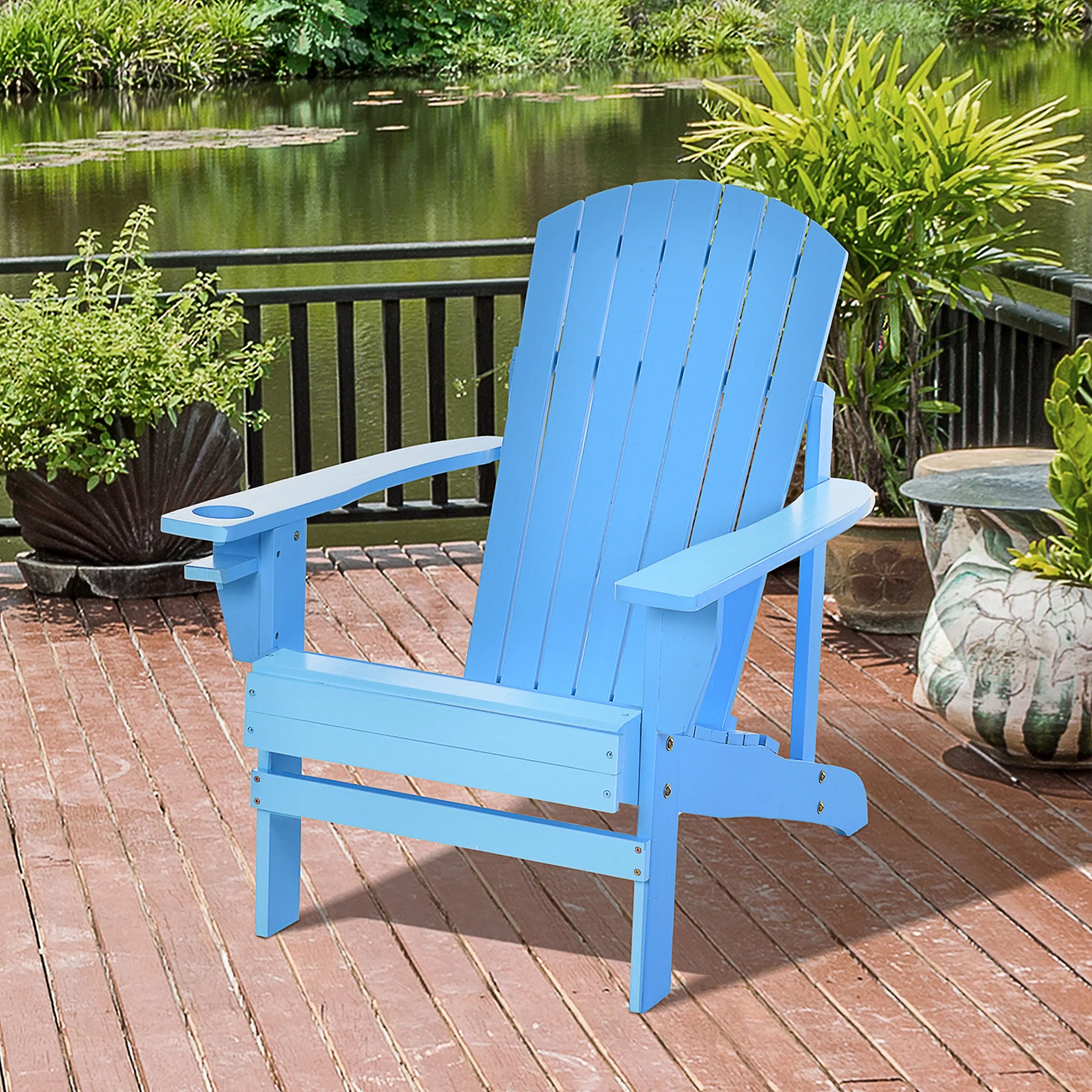 Wooden Adirondack Chair with Cup Holder, Oversized Fire Pit Chair for Garden, Backyard, Blue - Image 4