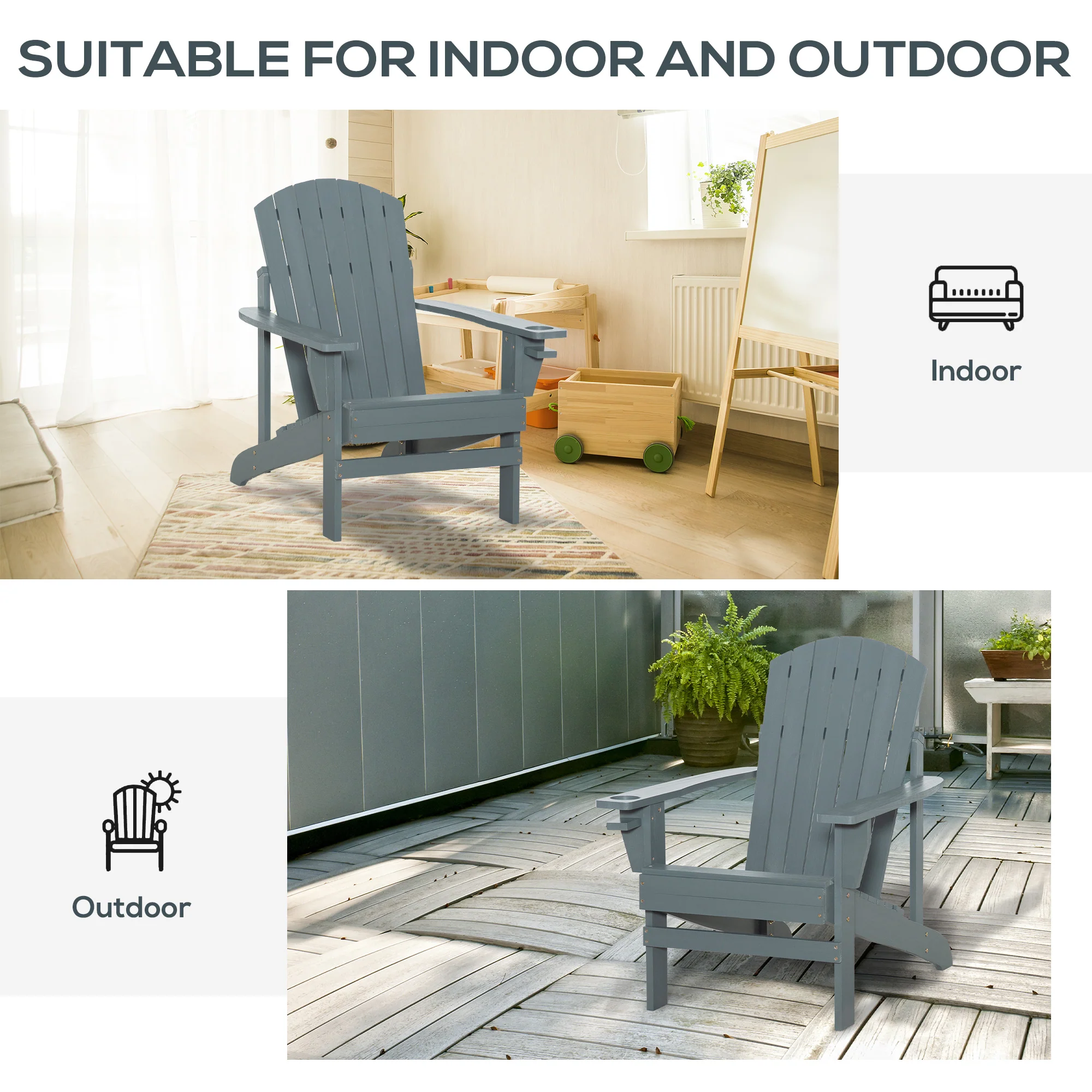 Wooden Adirondack Chair with Cup Holder, Oversized Fire Pit Chair for Garden, Backyard, Dark Gray - Image 9