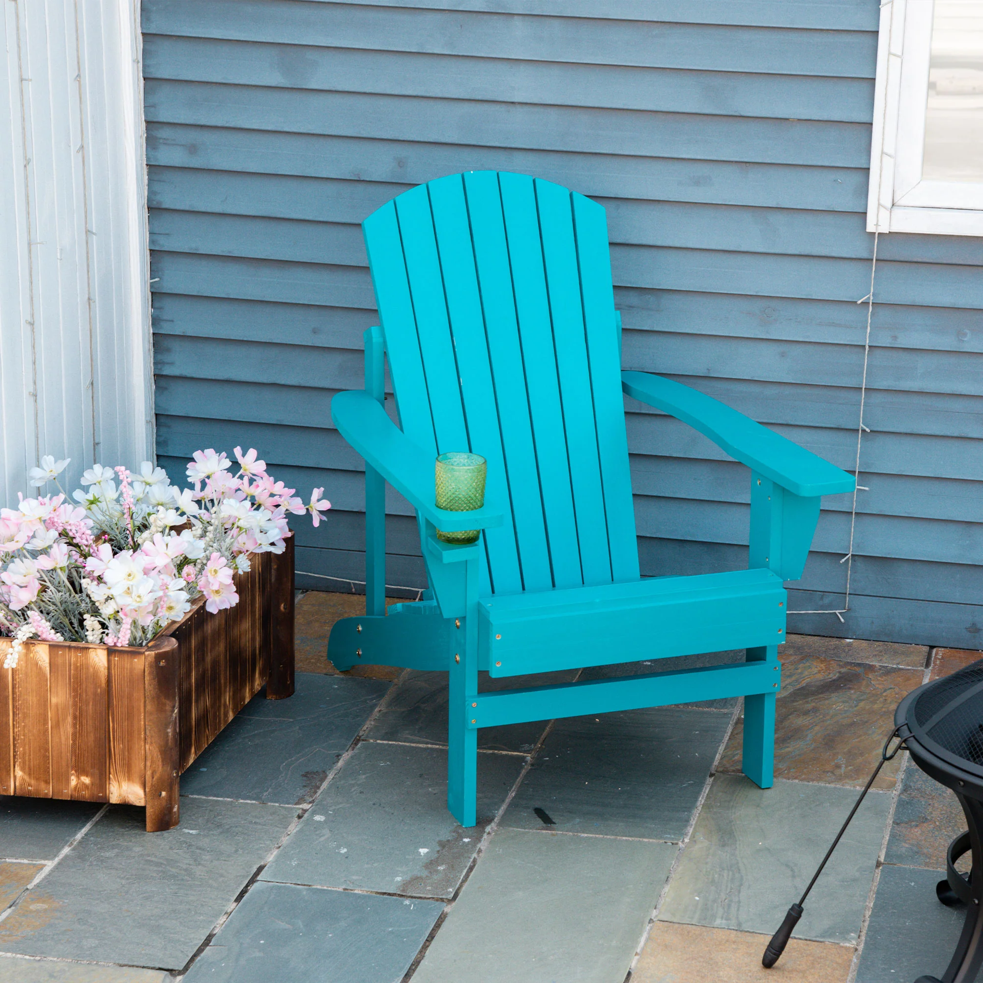 Wooden Adirondack Chair with Cup Holder, Oversized Fire Pit Chair for Garden, Backyard, Sky Blue - Image 4