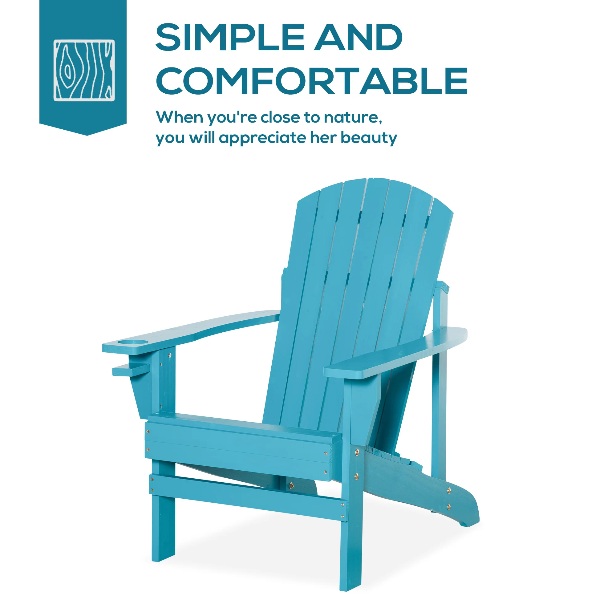 Wooden Adirondack Chair with Cup Holder, Oversized Fire Pit Chair for Garden, Backyard, Sky Blue - Image 6