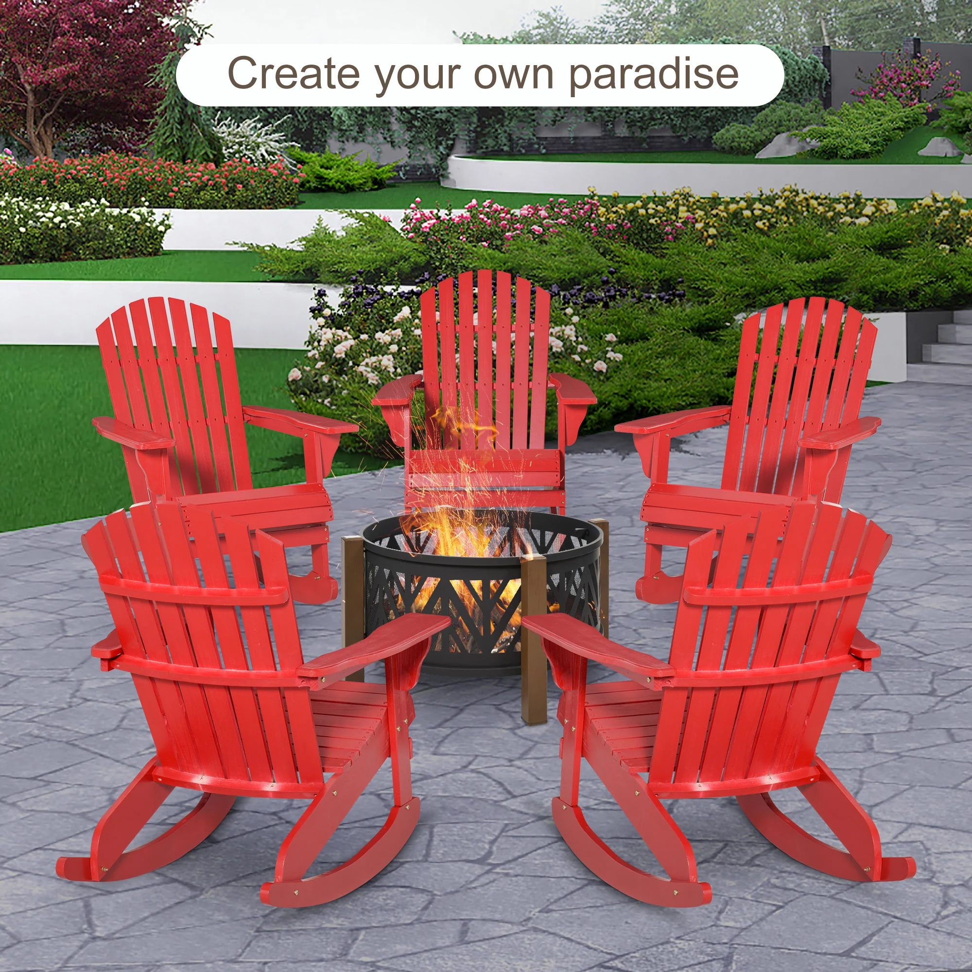 Outdoor Wooden Rocking Chair with Fanned Back, for Fire Pit, Patio, Backyard, Garden,  Red - Image 11
