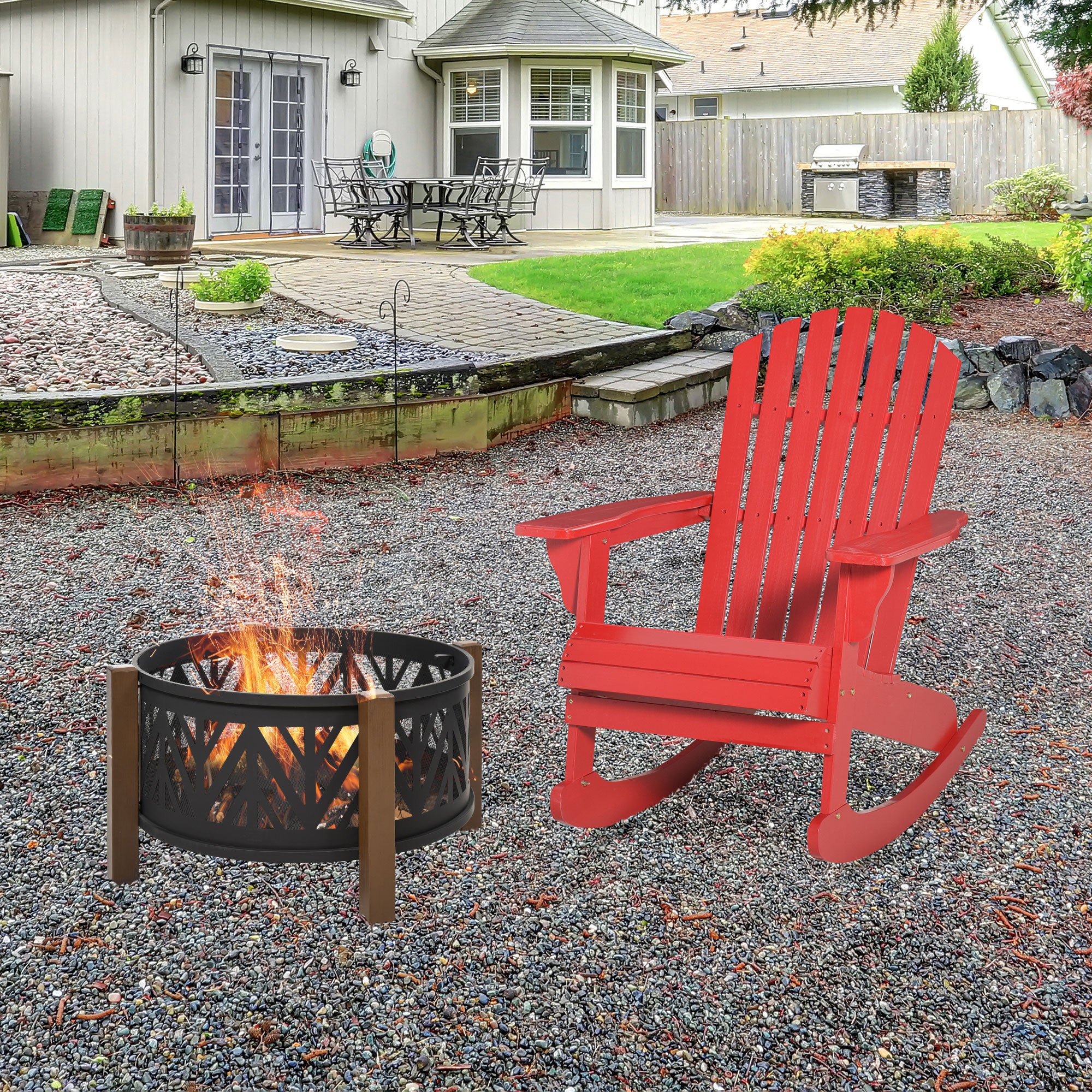Outdoor Wooden Rocking Chair with Fanned Back, for Fire Pit, Patio, Backyard, Garden,  Red - Image 3