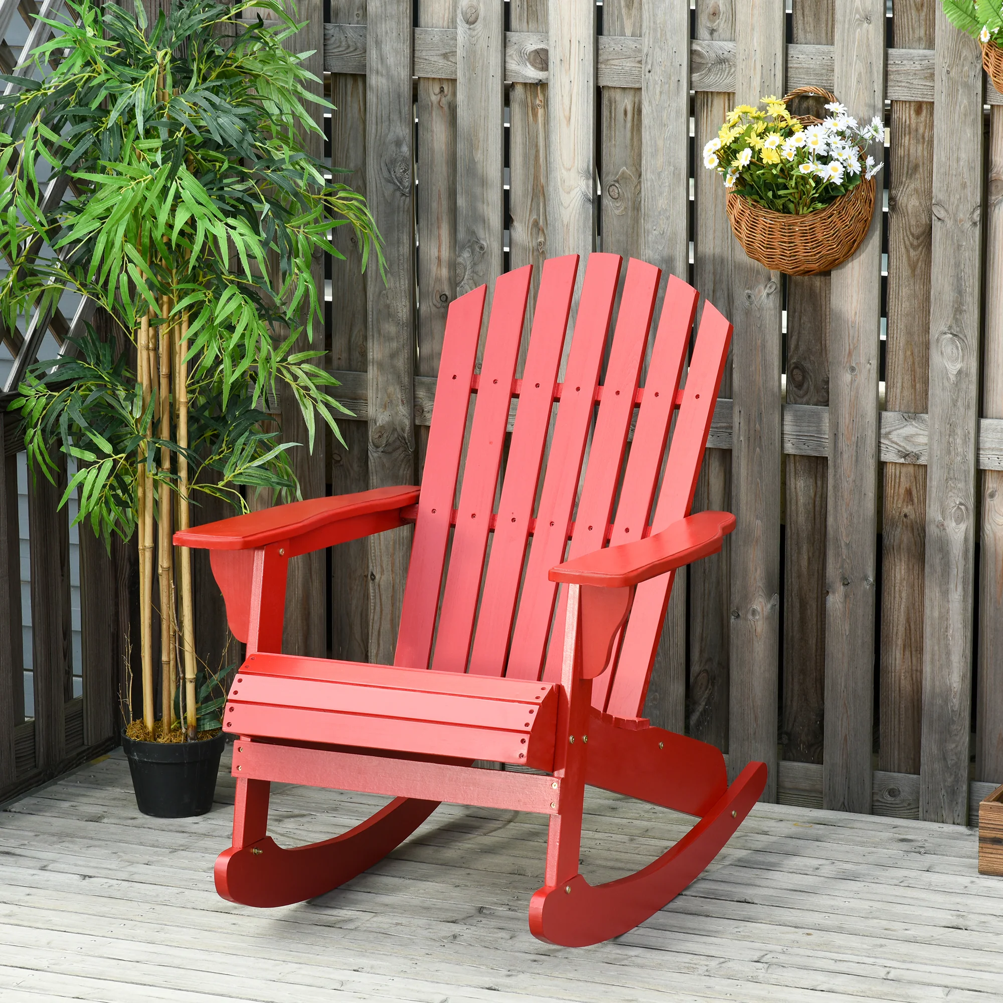 Outdoor Wooden Rocking Chair with Fanned Back, for Fire Pit, Patio, Backyard, Garden,  Red - Image 4