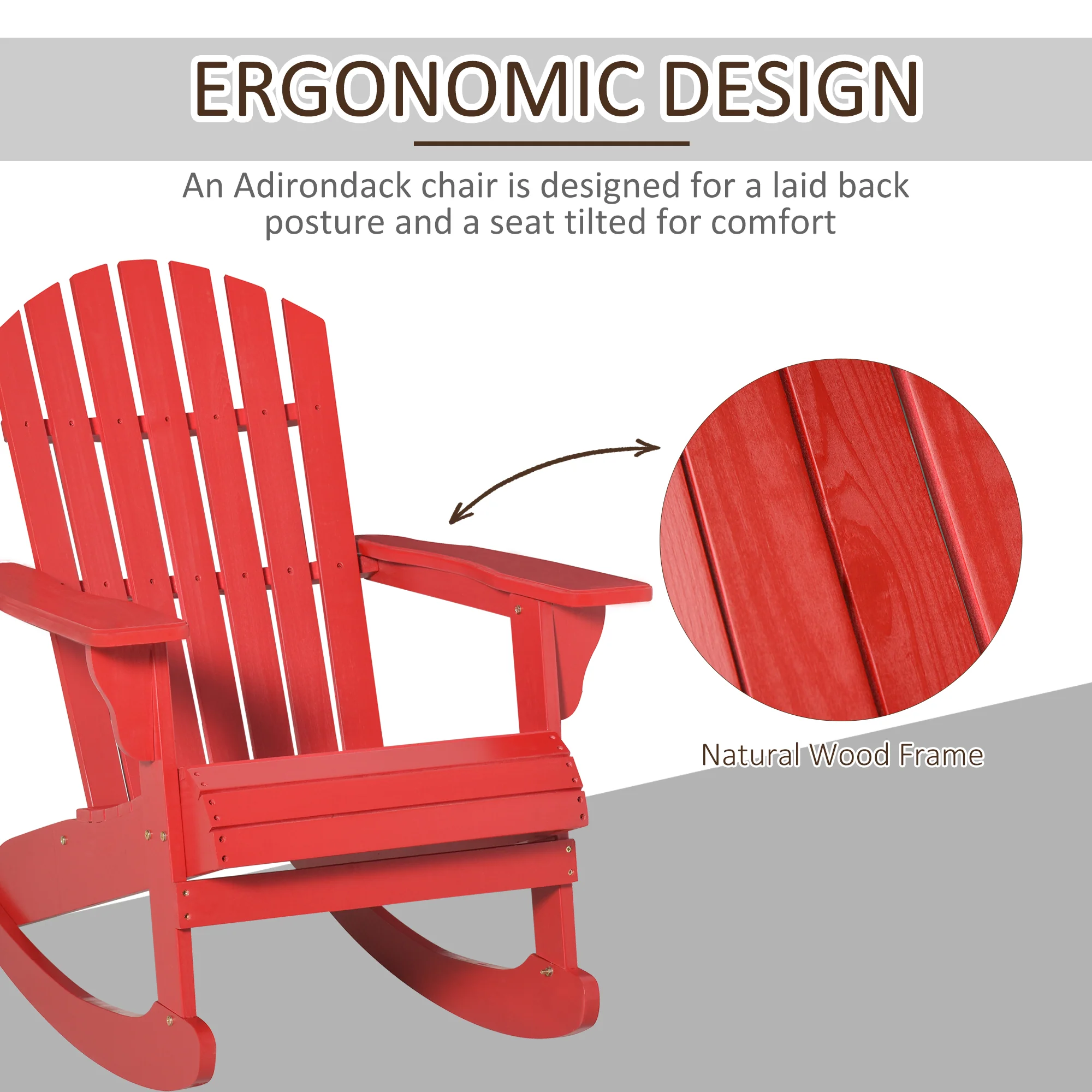 Outdoor Wooden Rocking Chair with Fanned Back, for Fire Pit, Patio, Backyard, Garden,  Red - Image 7
