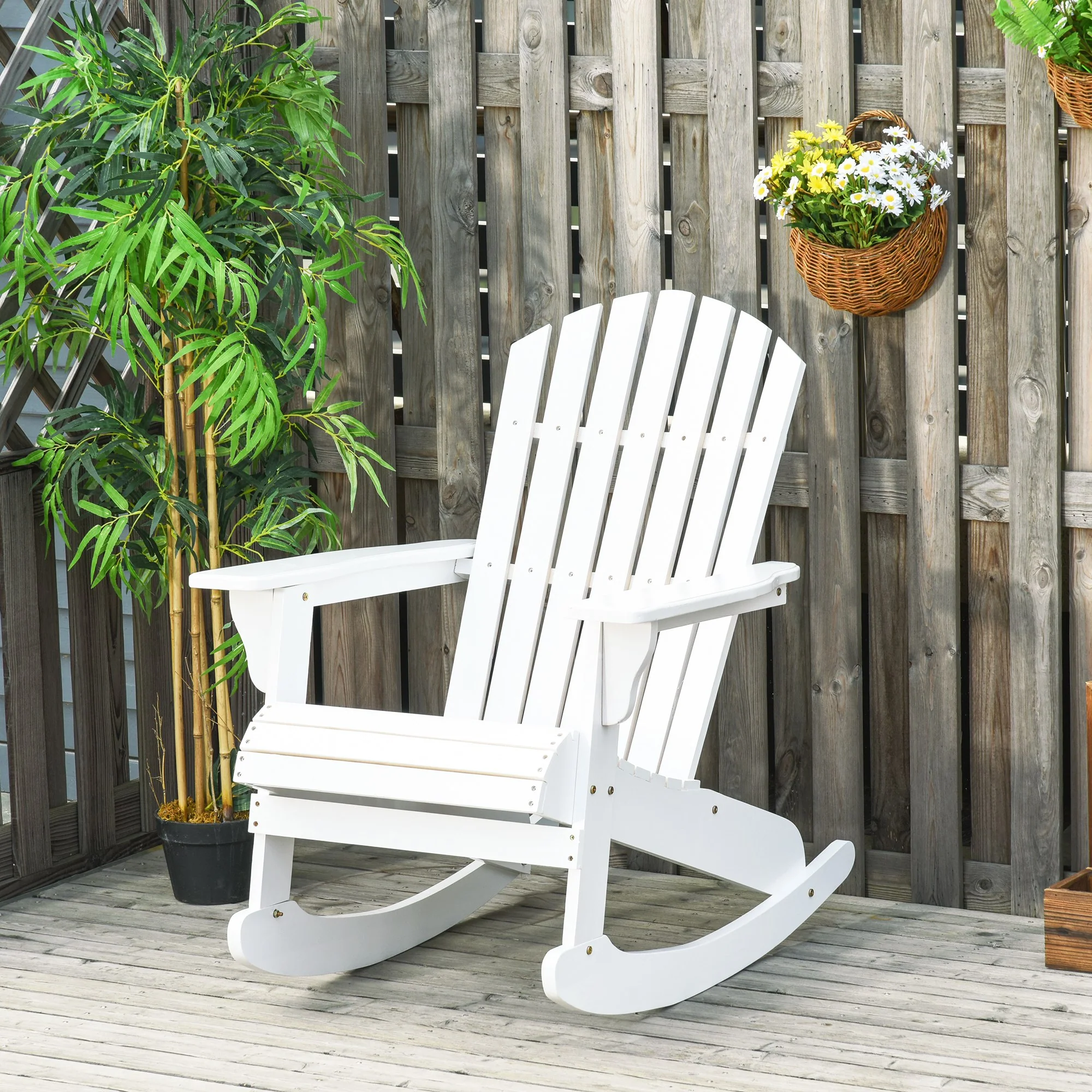 Outdoor Wooden Rocking Chair with Fanned Back, for Fire Pit, Patio, Backyard, Garden, White - Image 4
