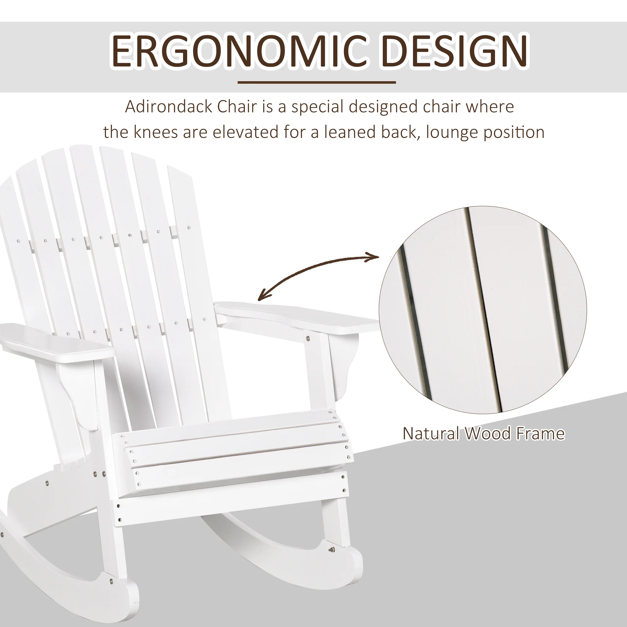 Outdoor Wooden Rocking Chair with Fanned Back, for Fire Pit, Patio, Backyard, Garden, White - Image 7