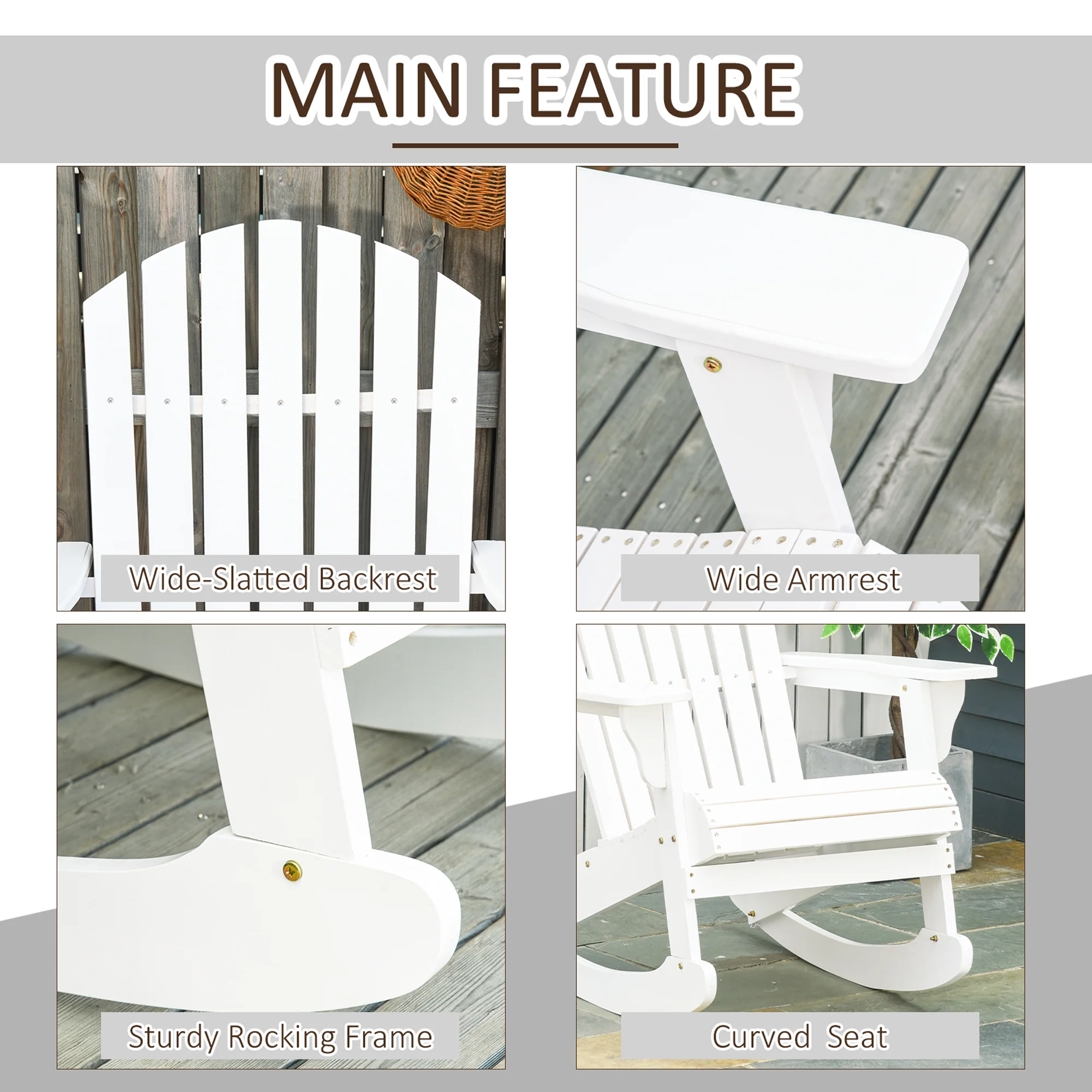 Outdoor Wooden Rocking Chair with Fanned Back, for Fire Pit, Patio, Backyard, Garden, White - Image 8