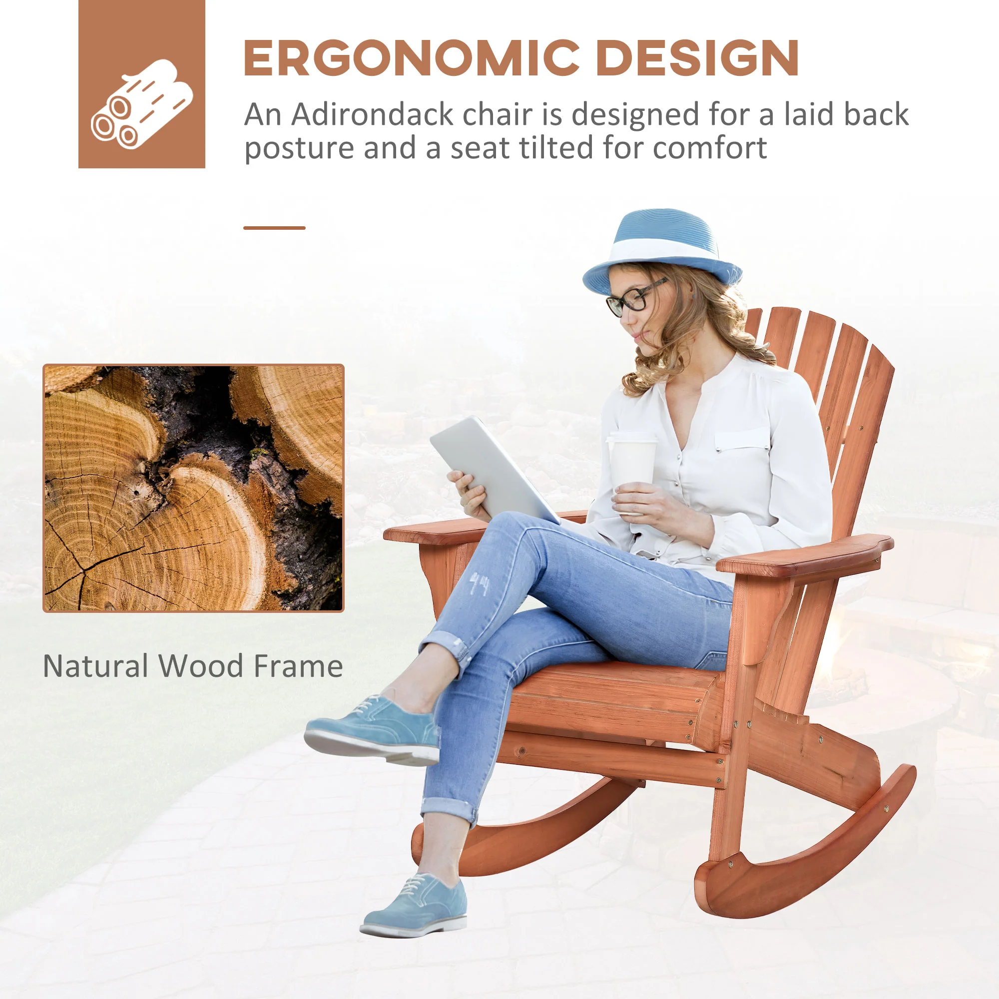 Outdoor Wooden Rocking Chair with Fanned Back, for Fire Pit, Patio, Backyard, Garden, Teak - Image 7