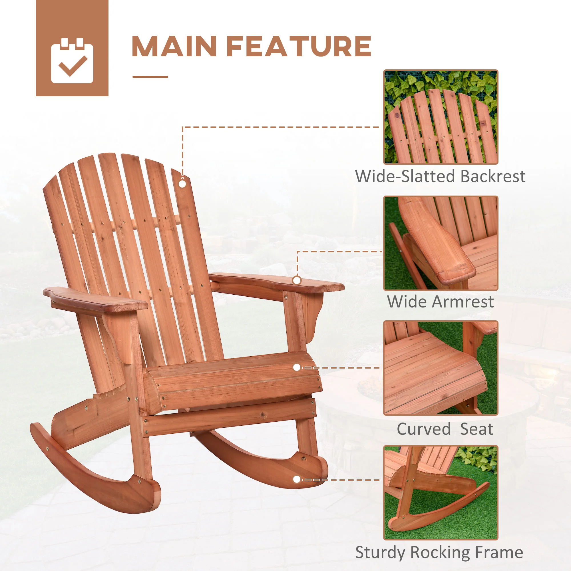 Outdoor Wooden Rocking Chair with Fanned Back, for Fire Pit, Patio, Backyard, Garden, Teak - Image 8